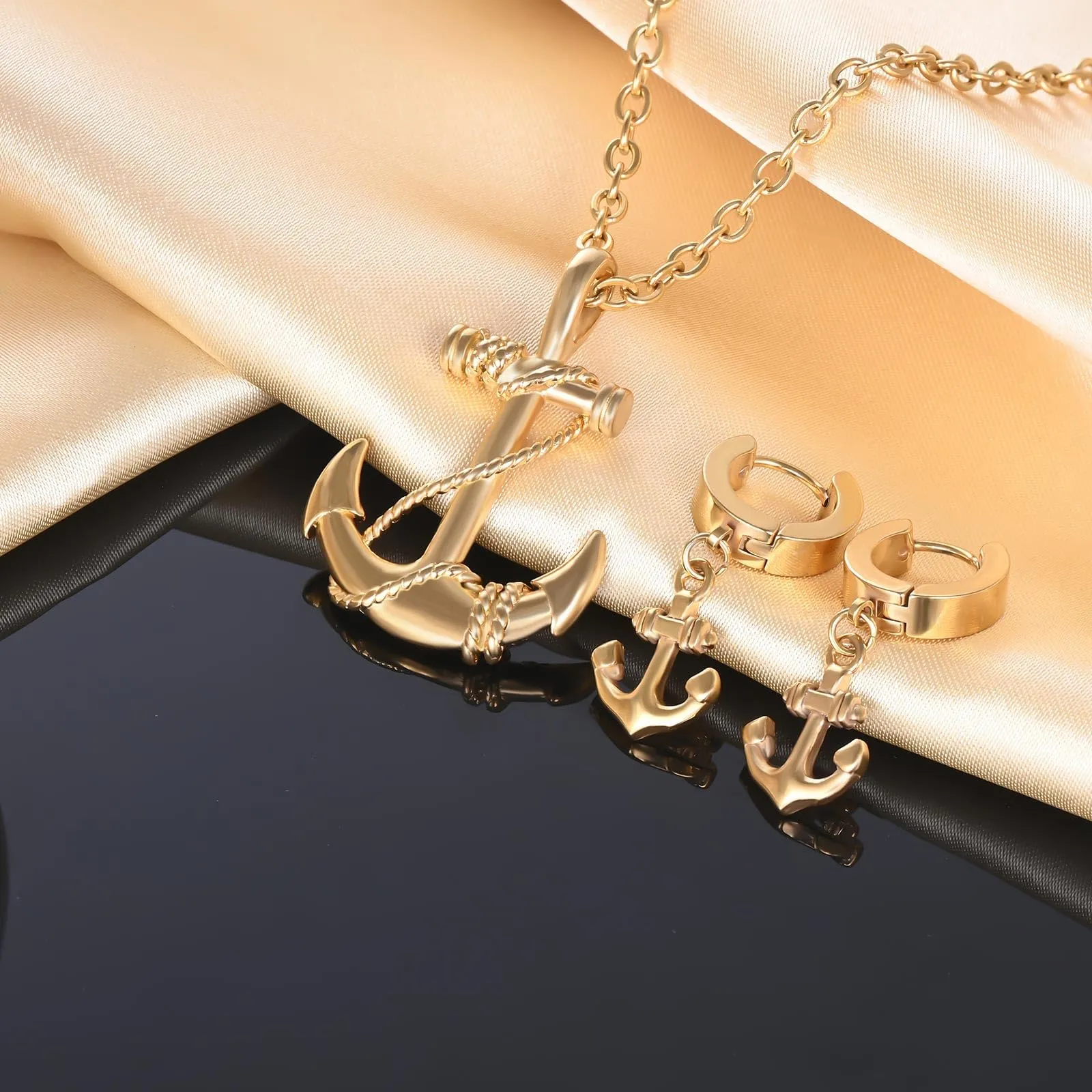 INFINIONLY Parure di Gioielli con Ciondolo Ancora, Collana e Orecchini in Acciaio Inossidabile Oro per Uomo e Ragazzi - immagine 5