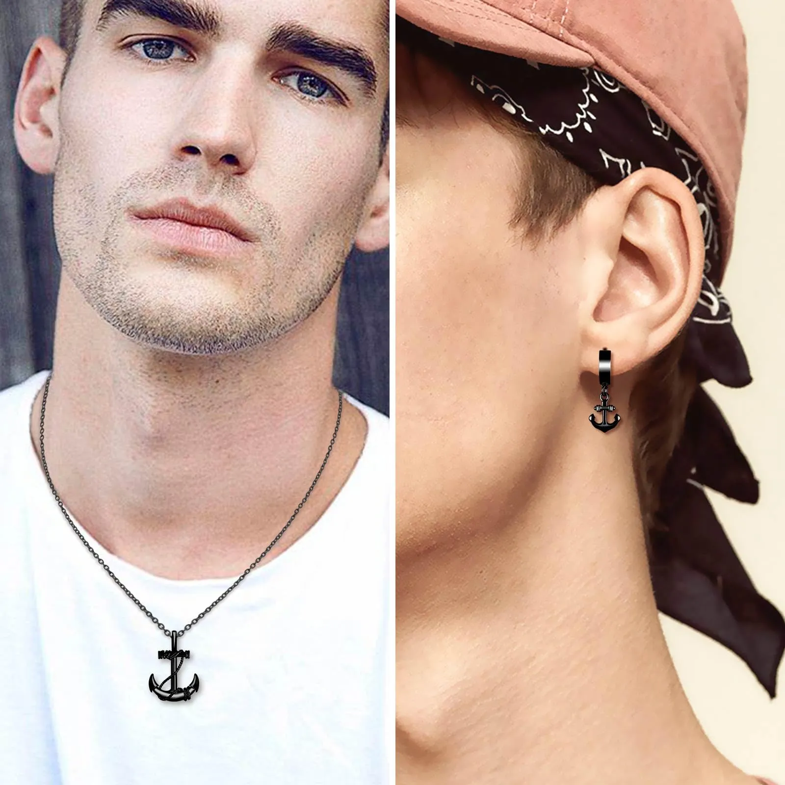 INFINIONLY Set Gioielli Ancora in Acciaio Inossidabile Nero, Collana e Orecchini per Uomo e Ragazzi - immagine 3