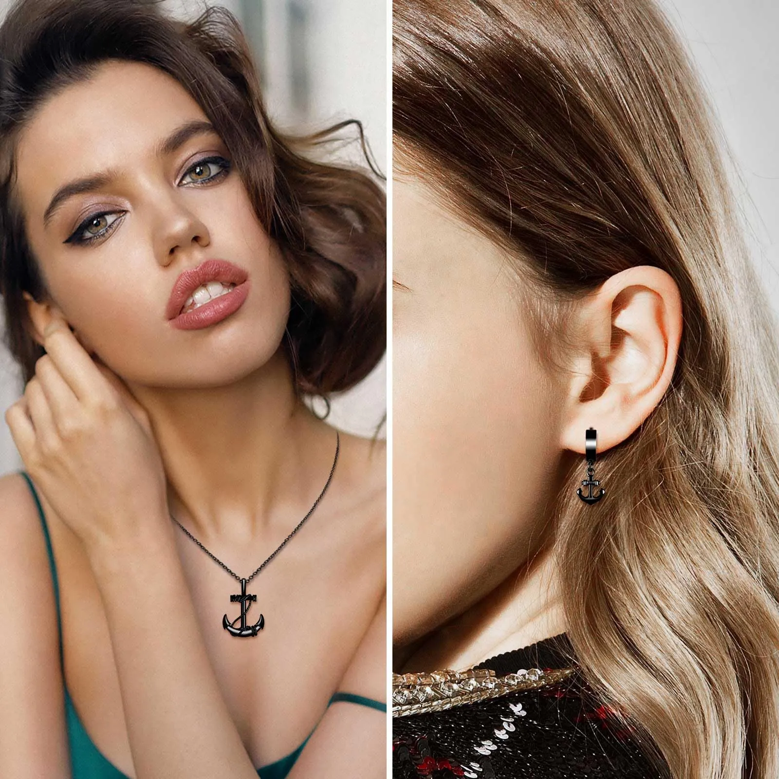 INFINIONLY Set Gioielli Ancora in Acciaio Inossidabile Nero, Collana e Orecchini per Uomo e Ragazzi - immagine 4