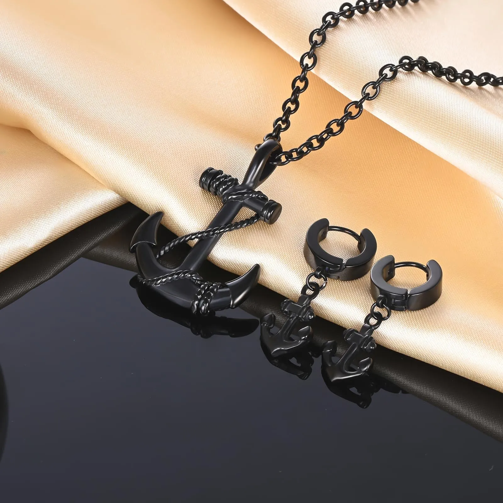 INFINIONLY Set Gioielli Ancora in Acciaio Inossidabile Nero, Collana e Orecchini per Uomo e Ragazzi - immagine 5