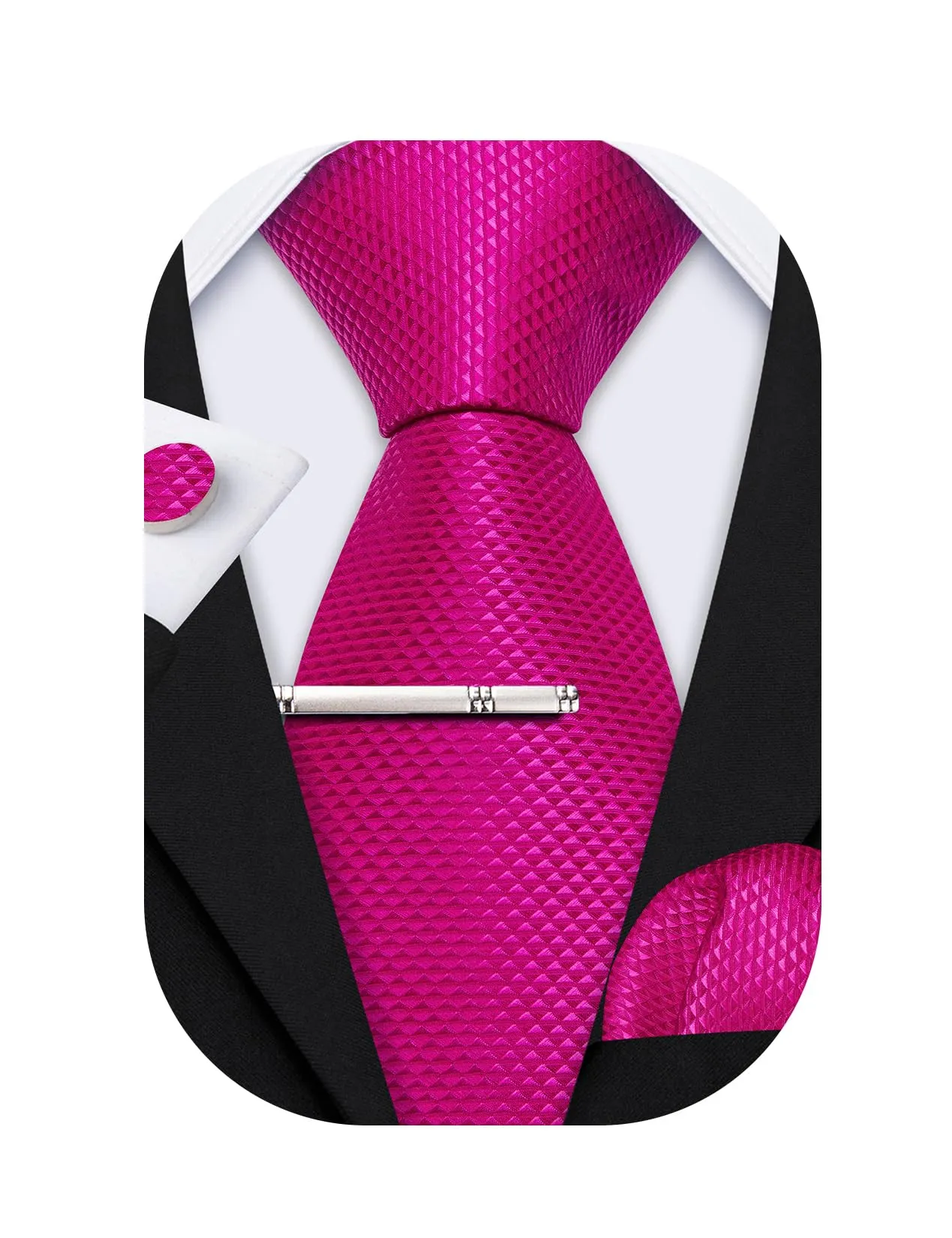 Barry.Wang Set da uomo con cravatta in raso, fazzoletto da taschino, gemelli e fermacravatta, 4 pezzi, Magenta straordinario, Taglia unica - immagine 1