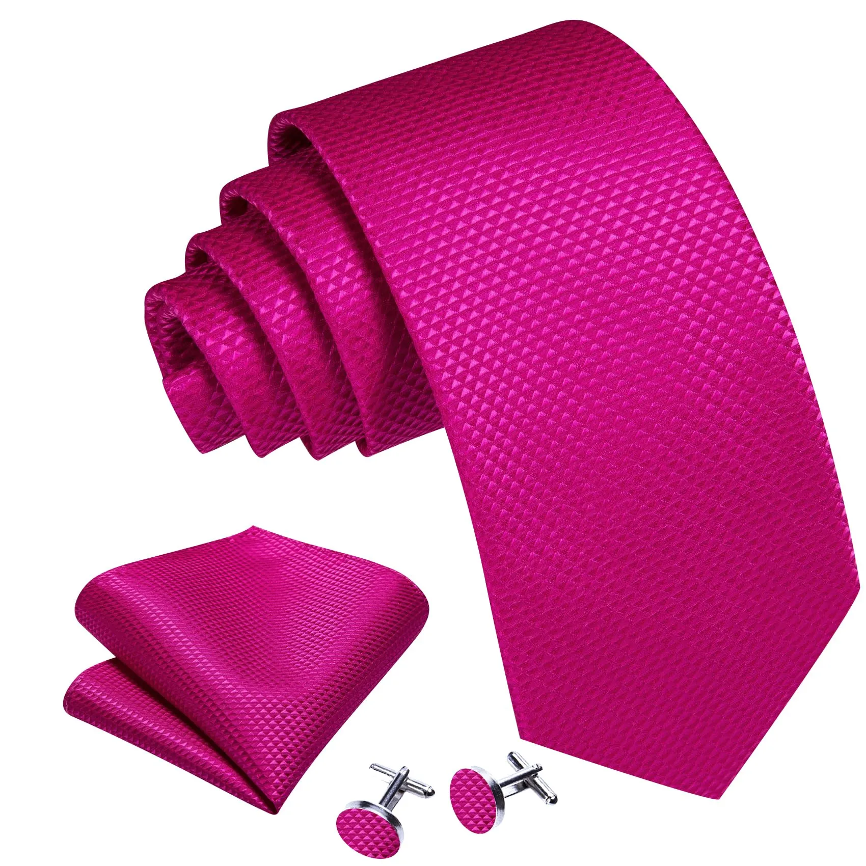Barry.Wang Set da uomo con cravatta in raso, fazzoletto da taschino, gemelli e fermacravatta, 4 pezzi, Magenta straordinario, Taglia unica - immagine 2