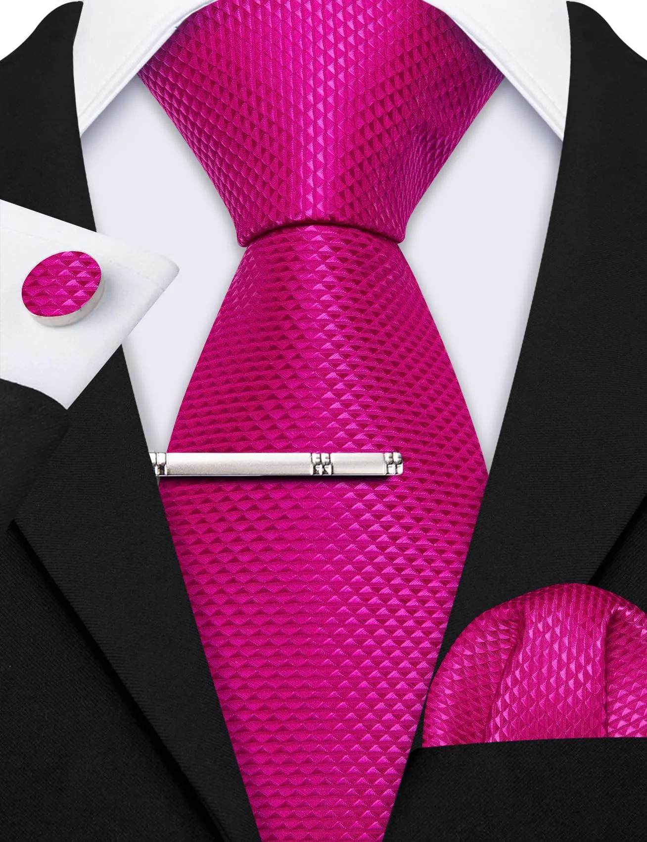 Barry.Wang Set da uomo con cravatta in raso, fazzoletto da taschino, gemelli e fermacravatta, 4 pezzi, Magenta straordinario, Taglia unica - immagine 5