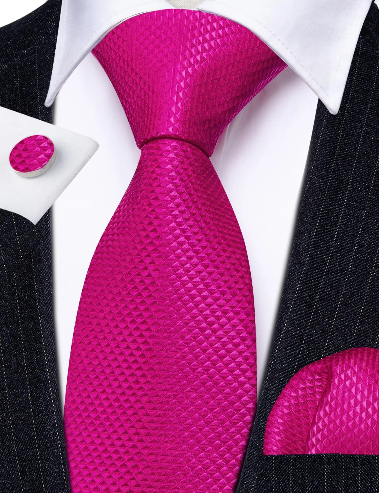 Barry.Wang Set da uomo con cravatta in raso, fazzoletto da taschino, gemelli e fermacravatta, 4 pezzi, Magenta straordinario, Taglia unica - immagine 6