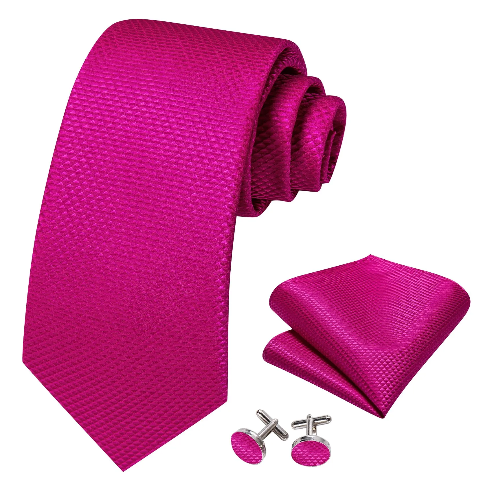 Barry.Wang Set da uomo con cravatta in raso, fazzoletto da taschino, gemelli e fermacravatta, 4 pezzi, Magenta straordinario, Taglia unica - immagine 7
