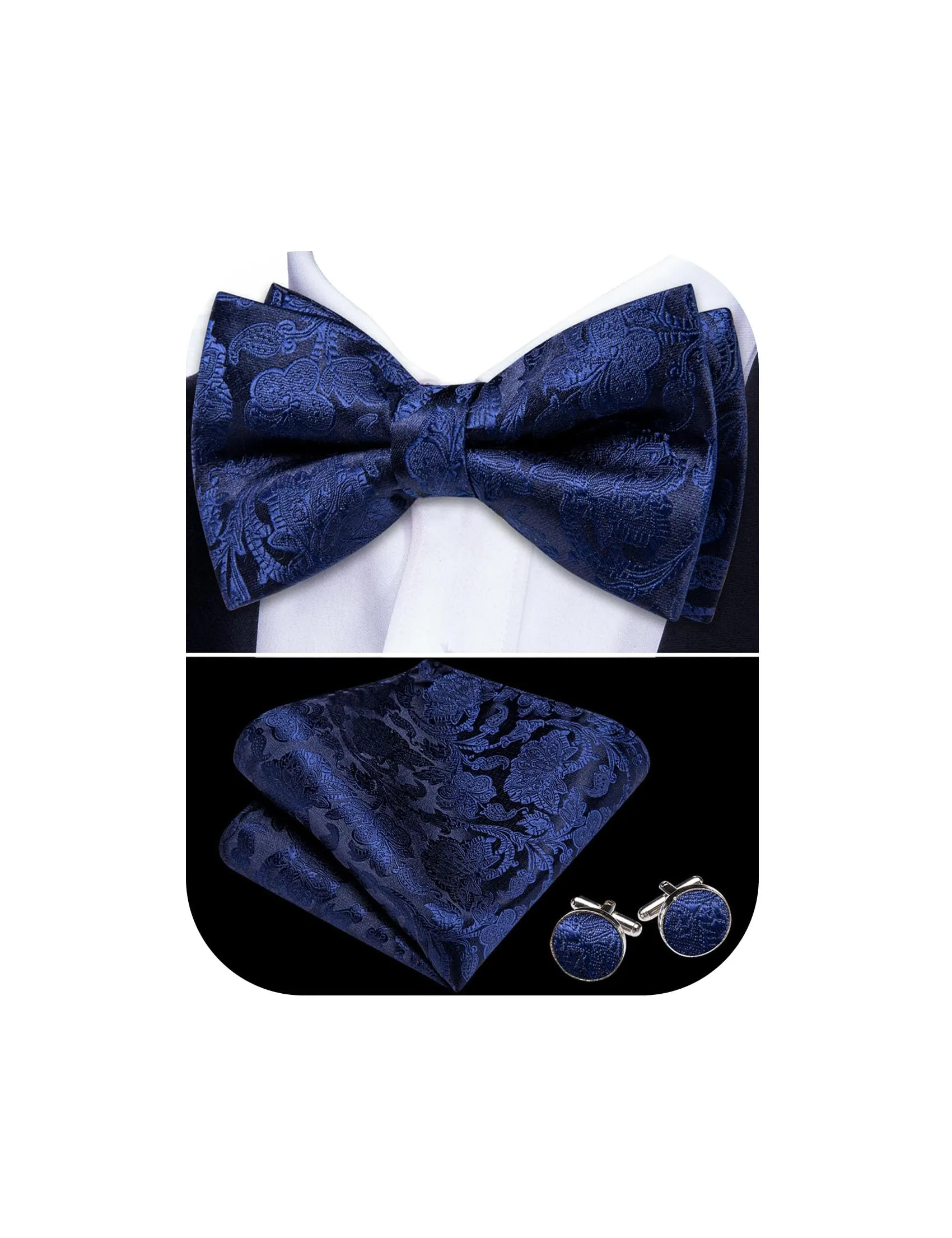 Barry.Wang Set Papillon in Seta Paisley Pre-annodato con Fazzoletto e Gemelli, Fiore Blu Scuro, Taglia Unica - immagine 1