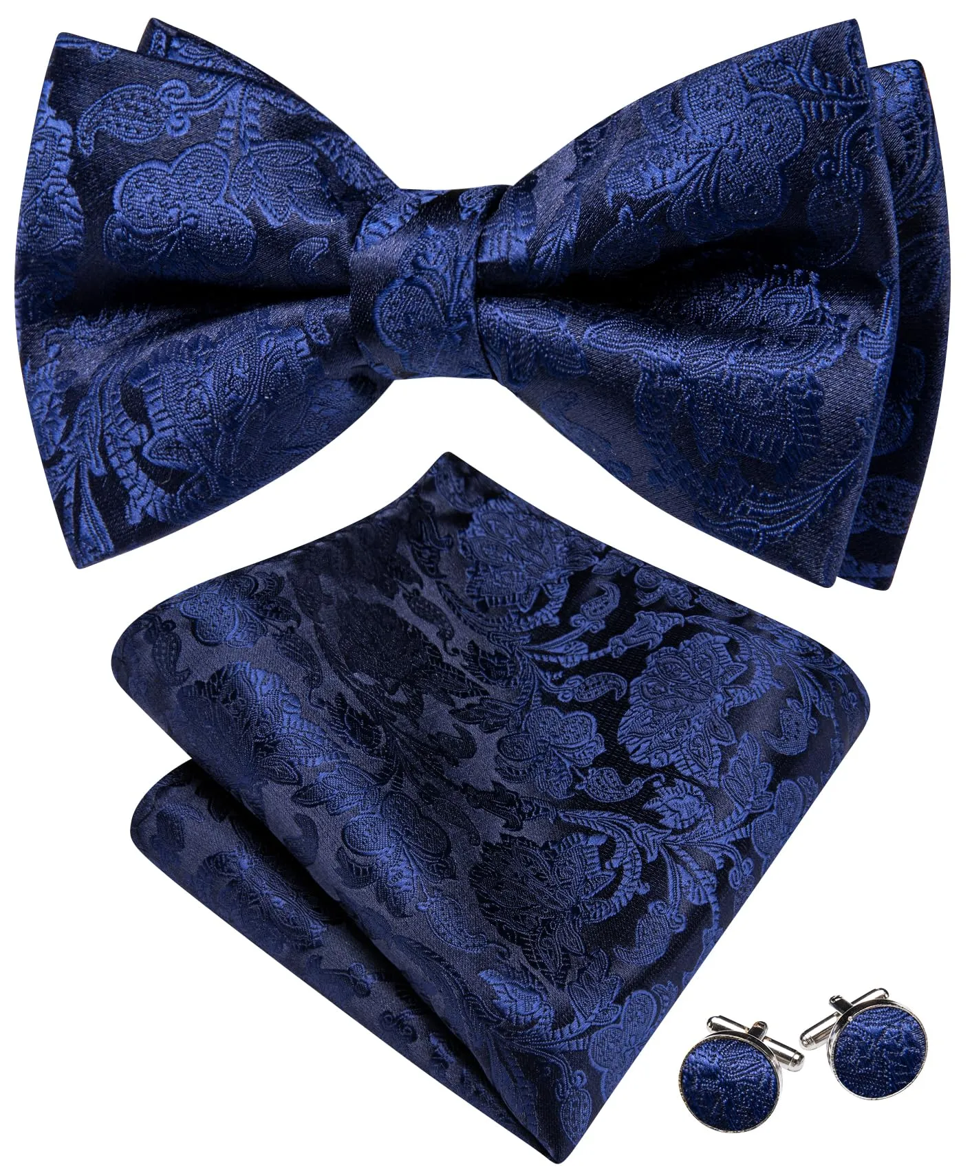 Barry.Wang Set Papillon in Seta Paisley Pre-annodato con Fazzoletto e Gemelli, Fiore Blu Scuro, Taglia Unica - immagine 2