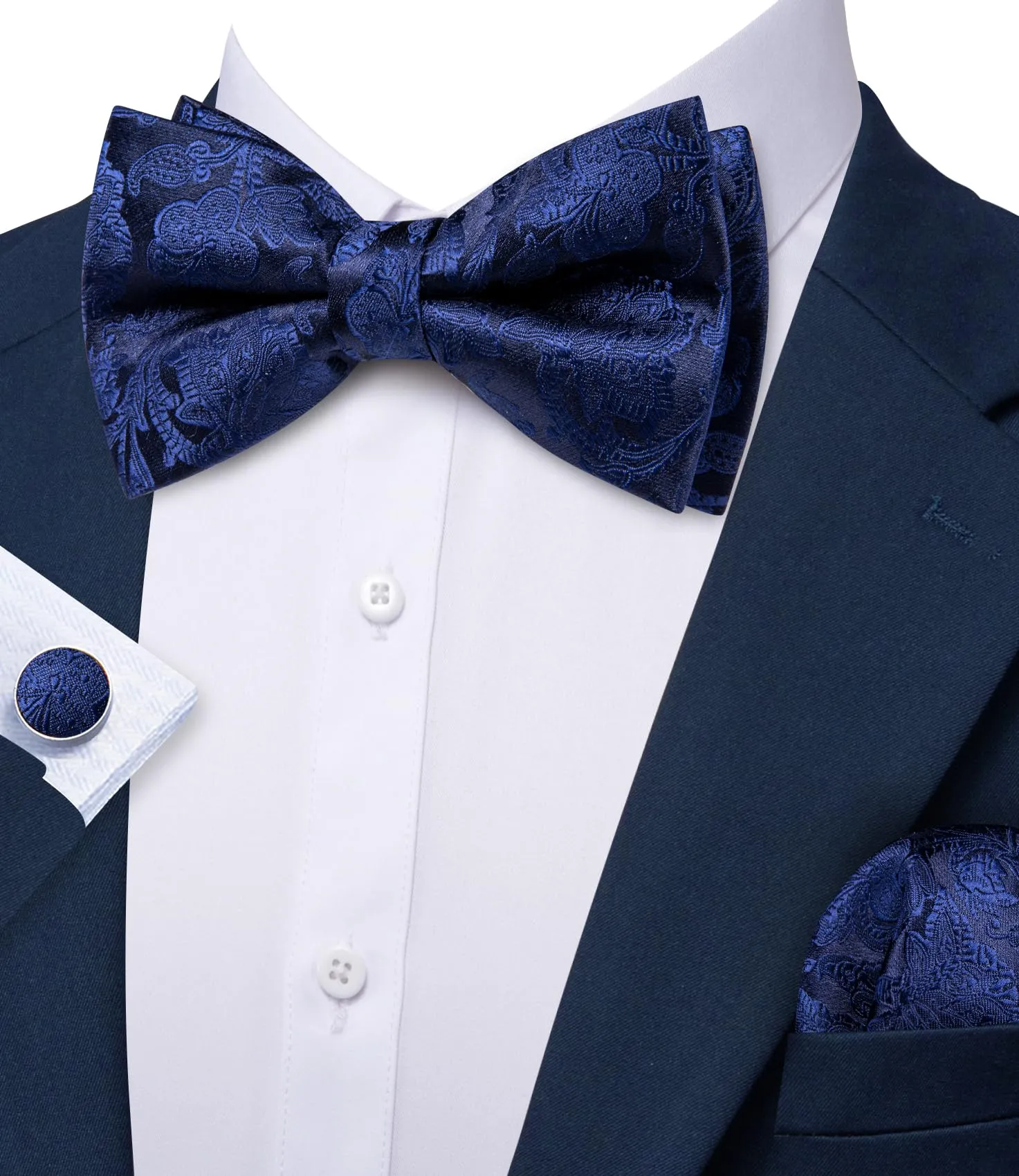 Barry.Wang Set Papillon in Seta Paisley Pre-annodato con Fazzoletto e Gemelli, Fiore Blu Scuro, Taglia Unica - immagine 3