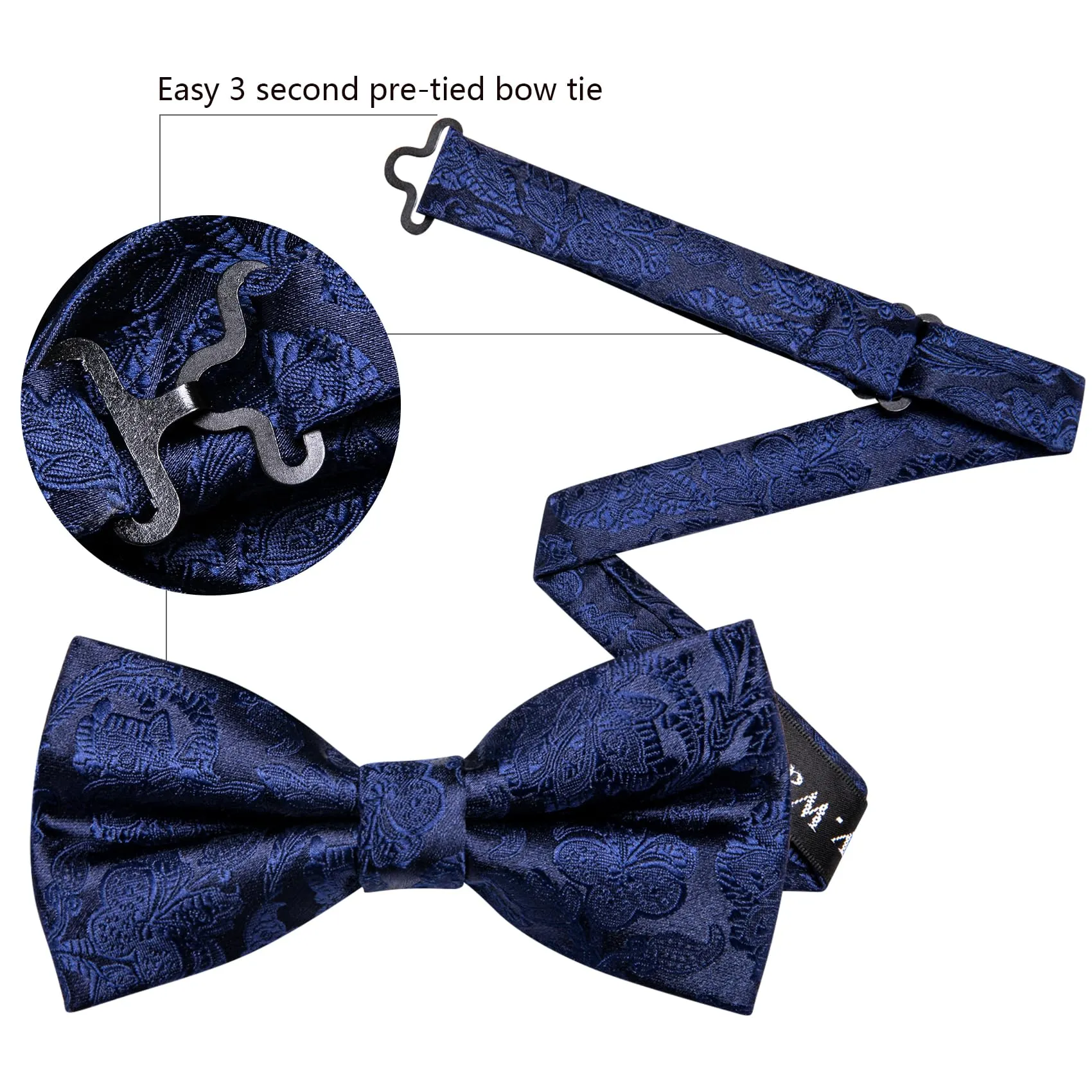 Barry.Wang Set Papillon in Seta Paisley Pre-annodato con Fazzoletto e Gemelli, Fiore Blu Scuro, Taglia Unica - immagine 4