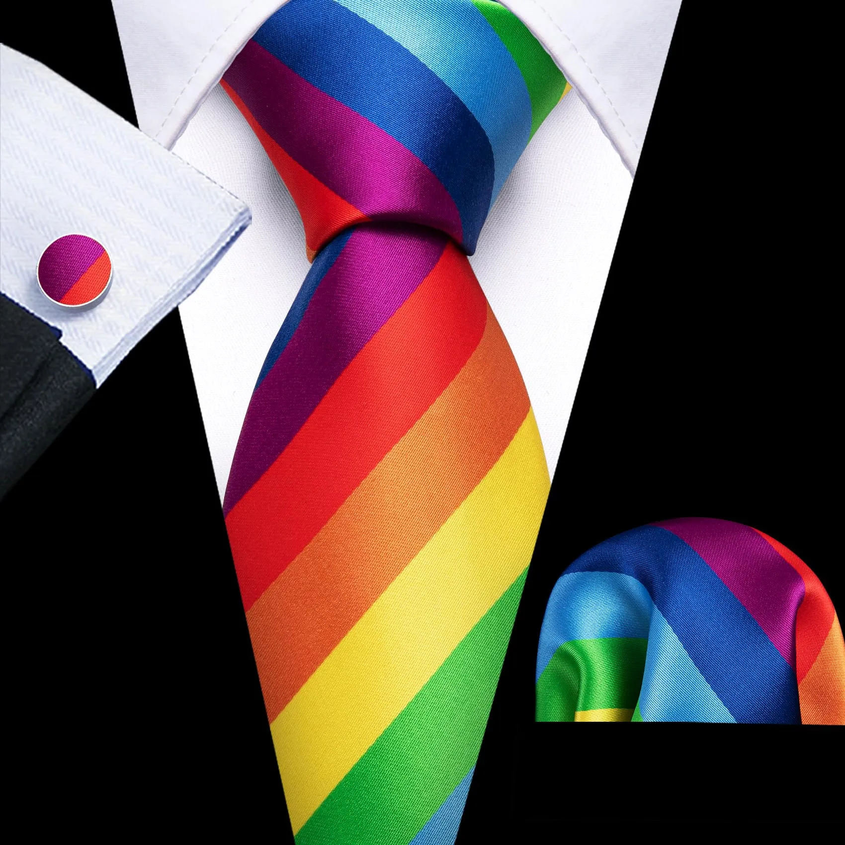 Barry.Wang Set Cravatta in Seta con Motivo Cachemire, Fazzoletto da Taschino e Gemelli - Arcobaleno, Taglia Unica - immagine 2