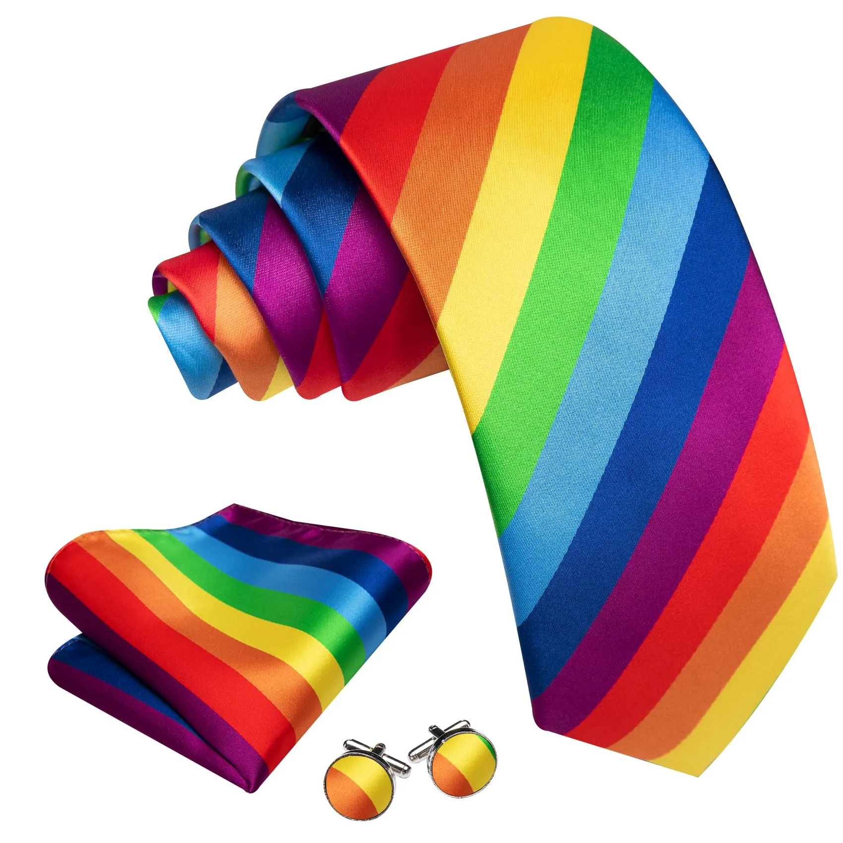 Barry.Wang Set Cravatta in Seta con Motivo Cachemire, Fazzoletto da Taschino e Gemelli - Arcobaleno, Taglia Unica - immagine 3