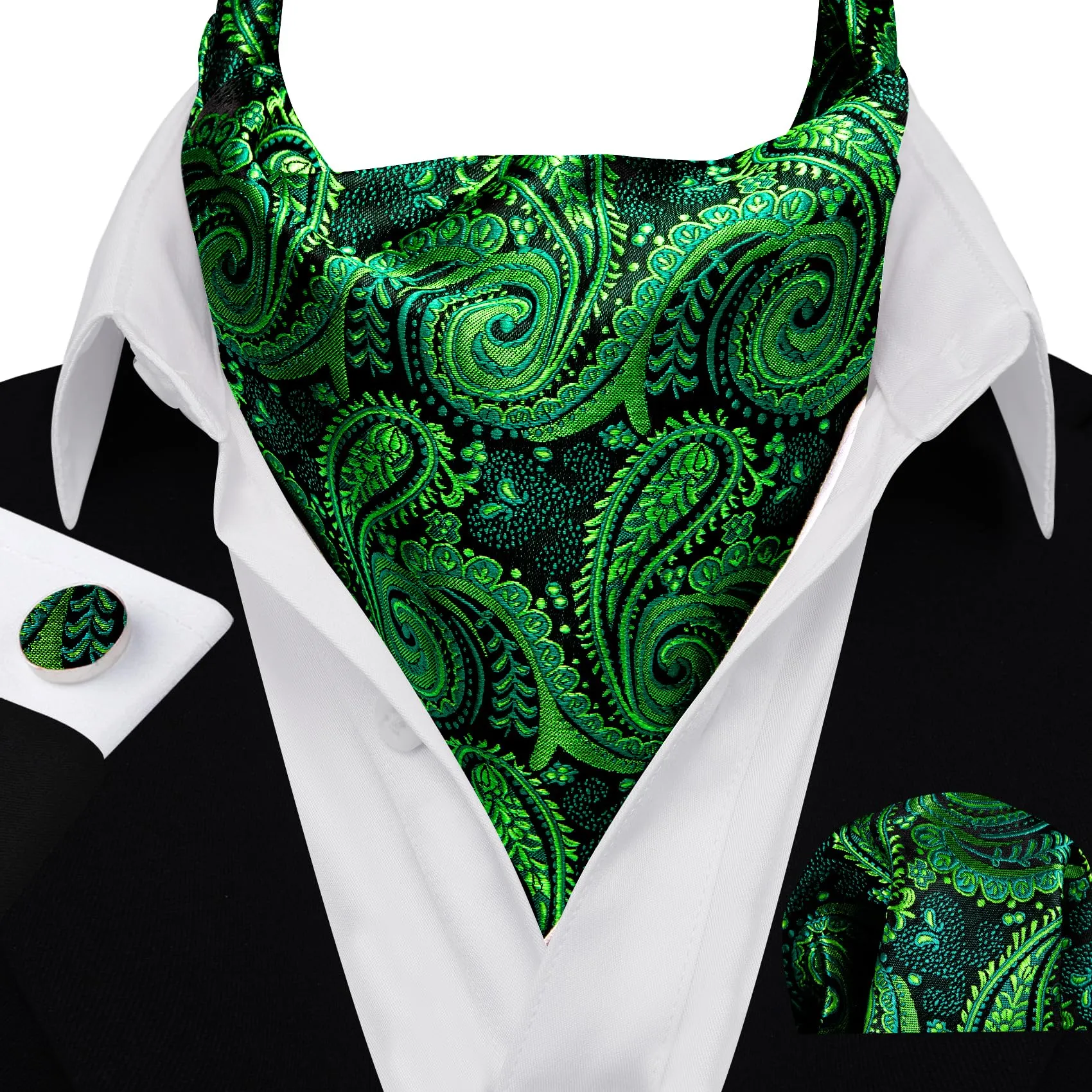 Barry.Wang Set Cravatta Ascot in Seta con Fazzoletto da Tasca e Gemelli, Stampa Paisley, Taglia Unica - immagine 2