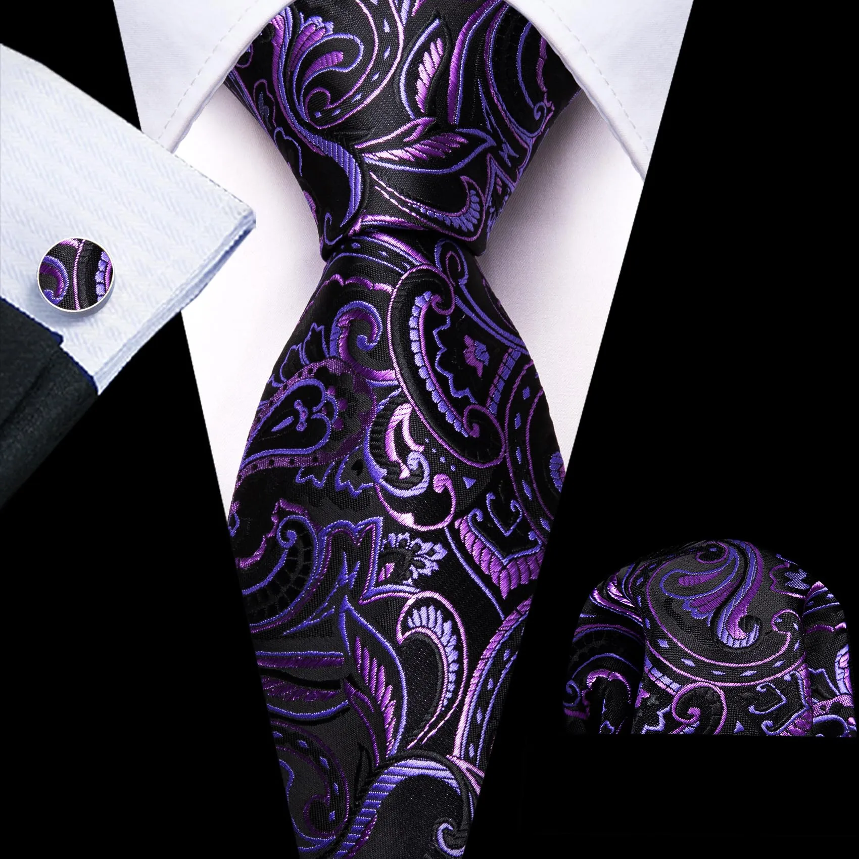 Barry.Wang Set uomo con cravatta in seta motivo Paisley, fazzoletto da taschino e gemelli, Taglia unica - immagine 2