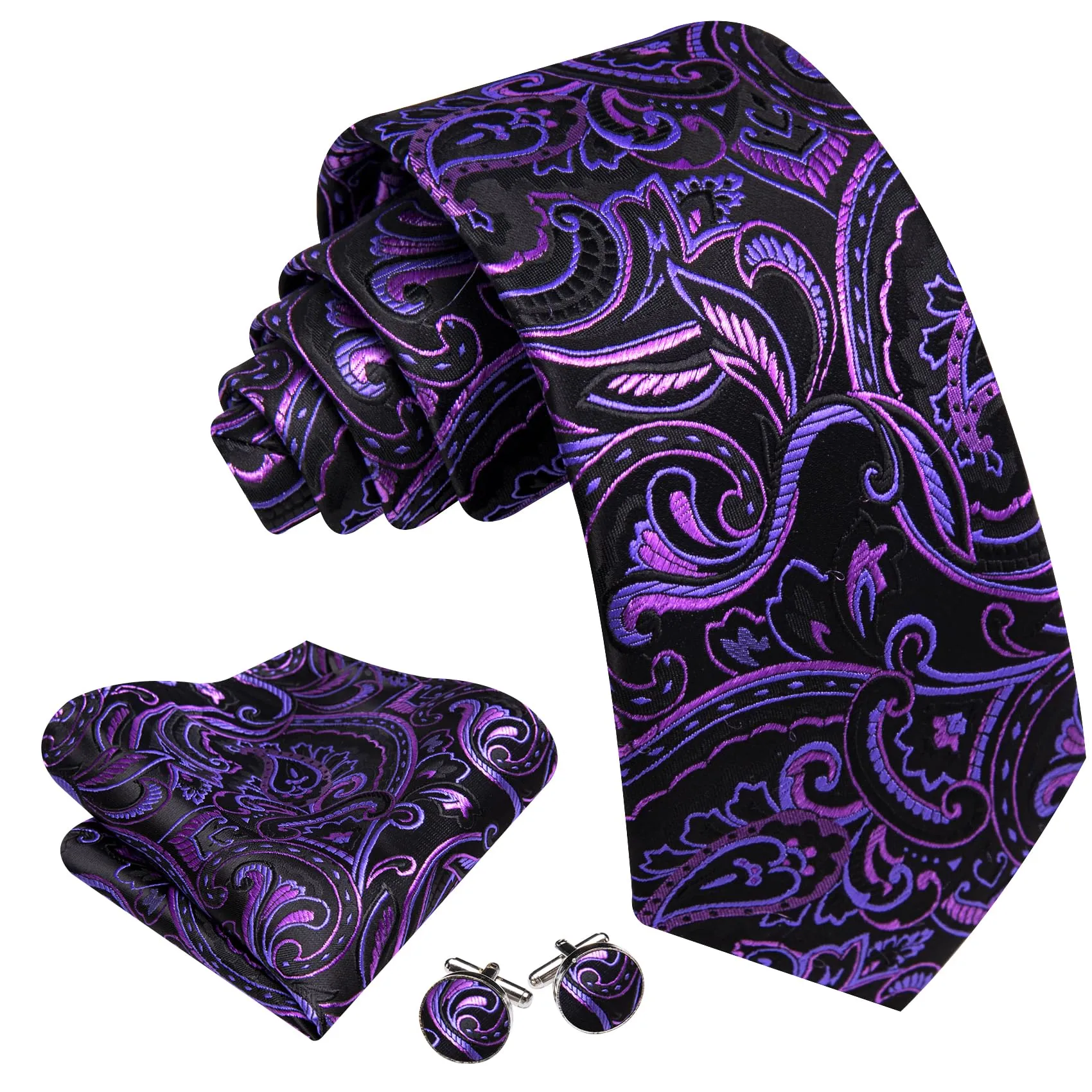 Barry.Wang Set uomo con cravatta in seta motivo Paisley, fazzoletto da taschino e gemelli, Taglia unica - immagine 3