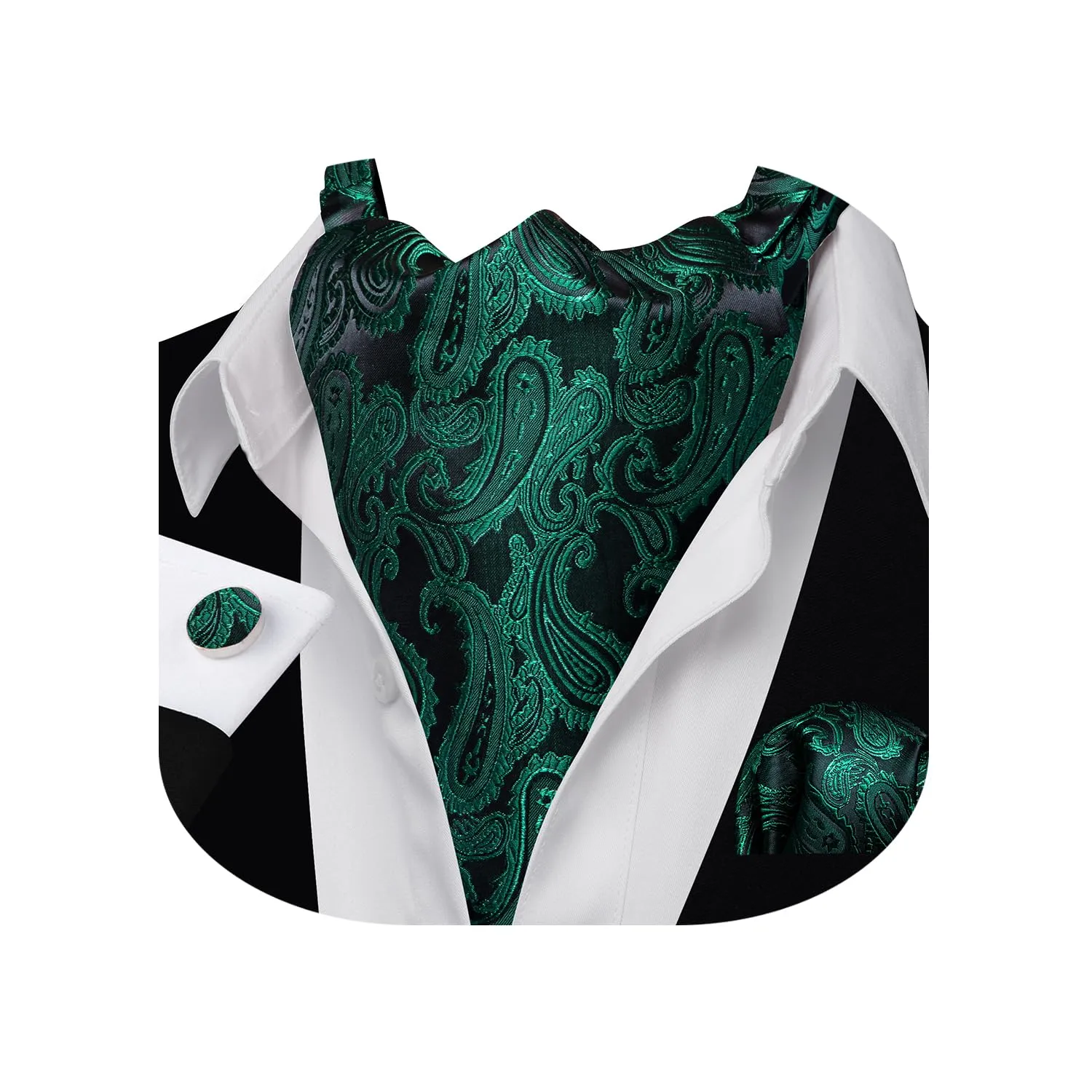 Barry.Wang Set Ascot in seta Jacquard con stampa Paisley, fazzoletto da tasca e gemelli, Verde Bottiglia, Taglia unica - immagine 1