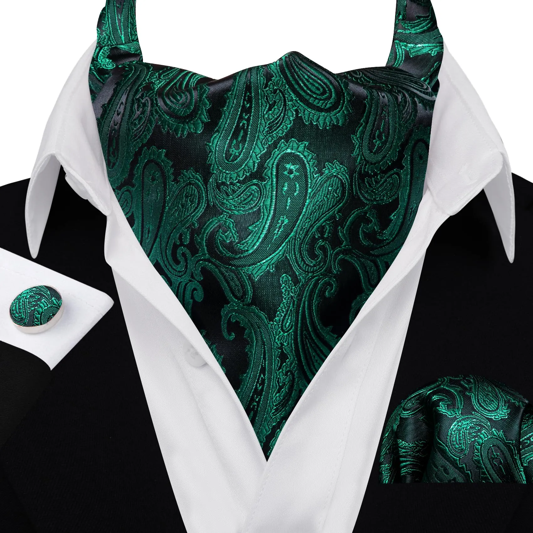 Barry.Wang Set Ascot in seta Jacquard con stampa Paisley, fazzoletto da tasca e gemelli, Verde Bottiglia, Taglia unica - immagine 2