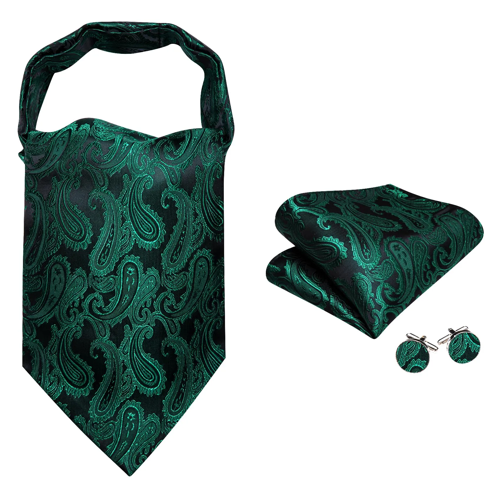Barry.Wang Set Ascot in seta Jacquard con stampa Paisley, fazzoletto da tasca e gemelli, Verde Bottiglia, Taglia unica - immagine 3