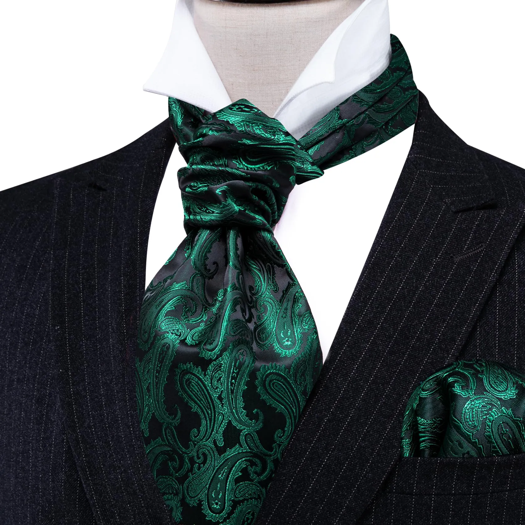 Barry.Wang Set Ascot in seta Jacquard con stampa Paisley, fazzoletto da tasca e gemelli, Verde Bottiglia, Taglia unica - immagine 4