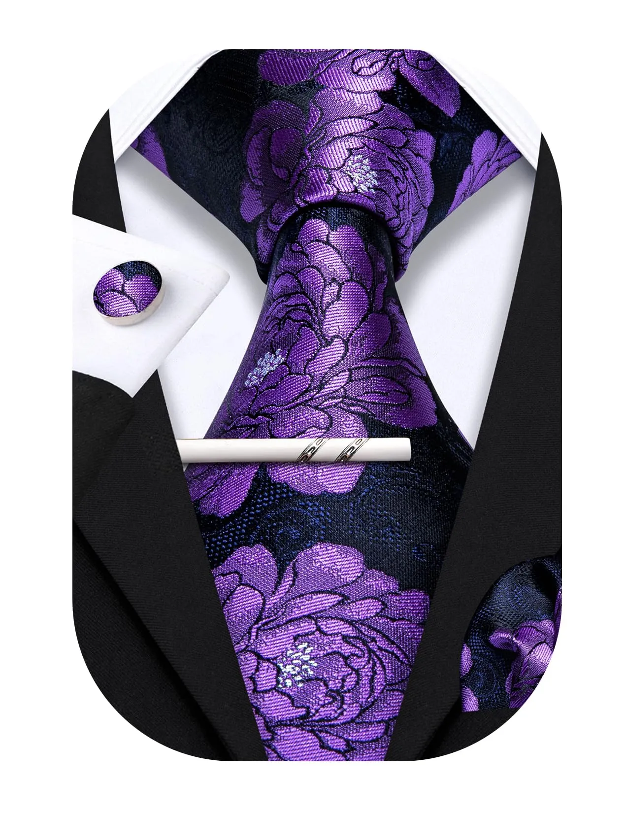 Barry.Wang Set da uomo 4 pezzi con cravatta in seta, fazzoletto da tasca, fermacravatta e gemelli, motivo floreale, Nero Viola Fiore nero - immagine 1