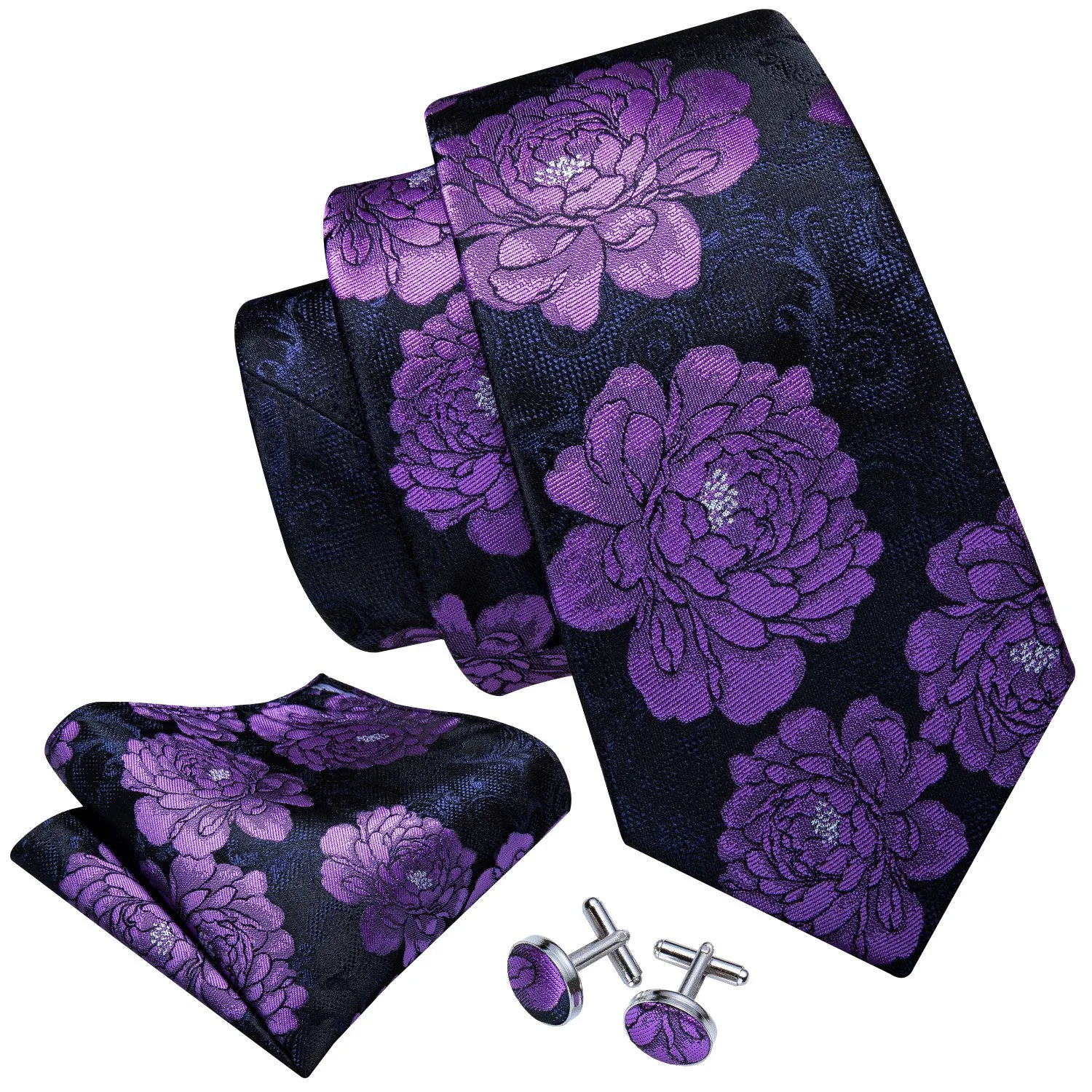 Barry.Wang Set da uomo 4 pezzi con cravatta in seta, fazzoletto da tasca, fermacravatta e gemelli, motivo floreale, Nero Viola Fiore nero - immagine 2