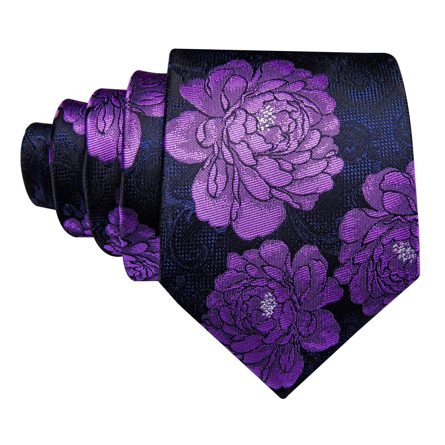 Barry.Wang Set da uomo 4 pezzi con cravatta in seta, fazzoletto da tasca, fermacravatta e gemelli, motivo floreale, Nero Viola Fiore nero - immagine 3