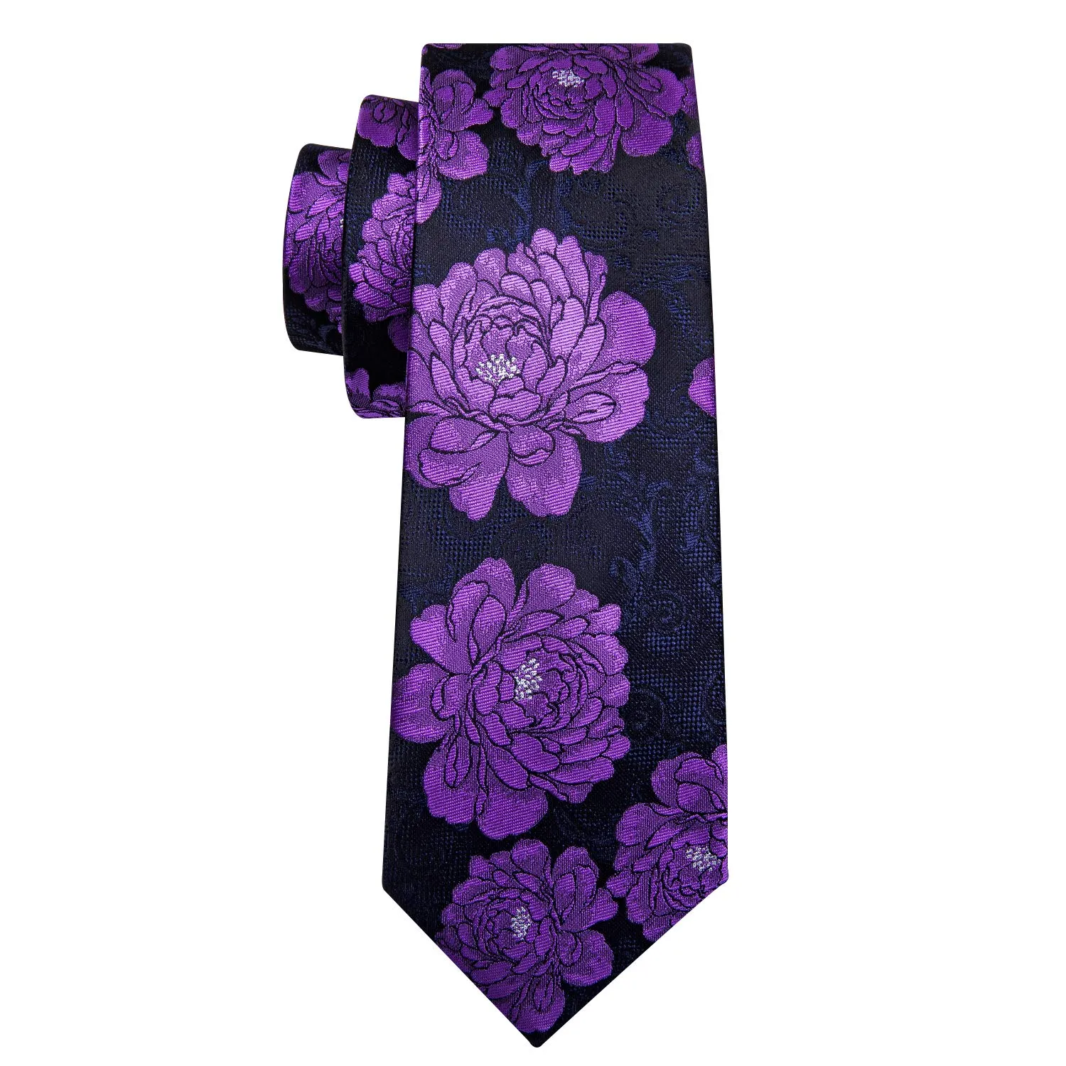 Barry.Wang Set da uomo 4 pezzi con cravatta in seta, fazzoletto da tasca, fermacravatta e gemelli, motivo floreale, Nero Viola Fiore nero - immagine 4
