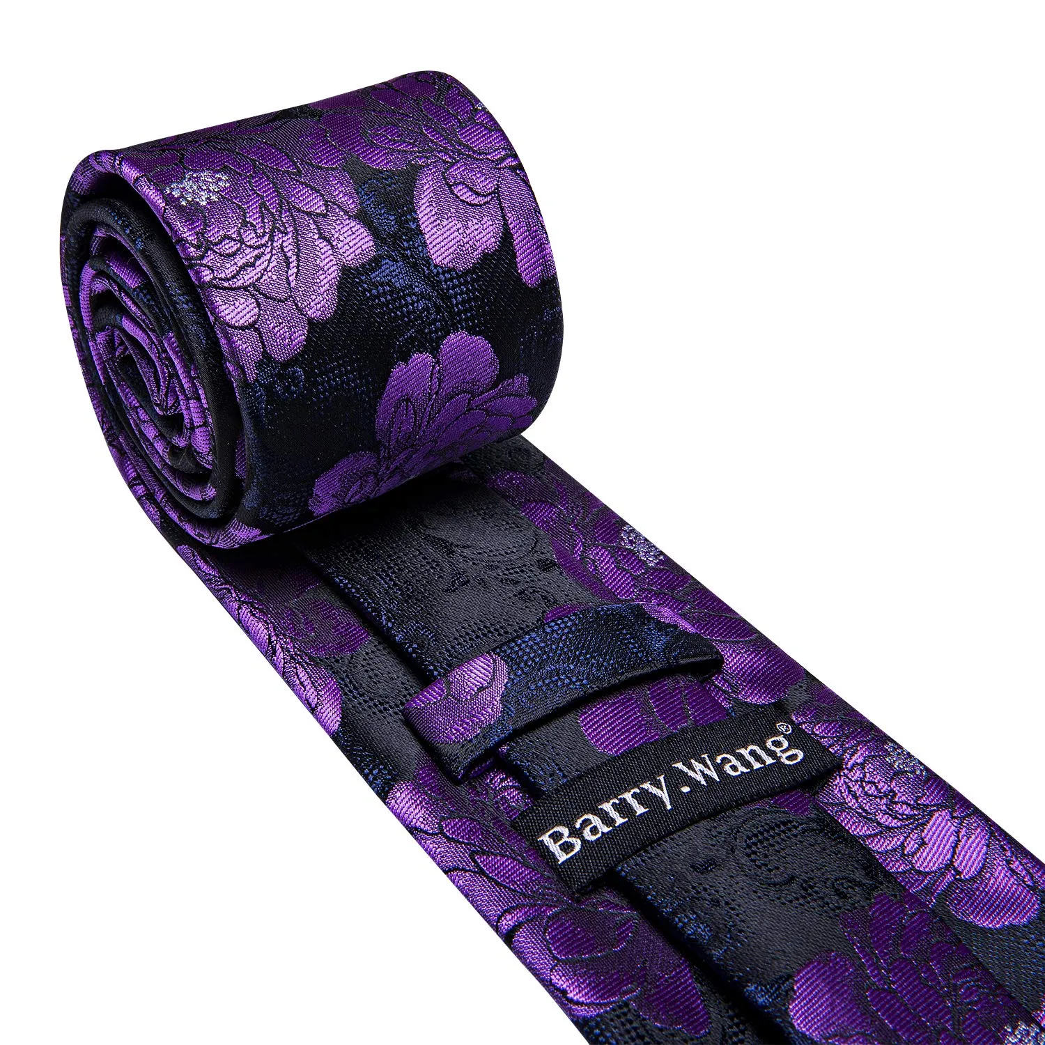Barry.Wang Set da uomo 4 pezzi con cravatta in seta, fazzoletto da tasca, fermacravatta e gemelli, motivo floreale, Nero Viola Fiore nero - immagine 5