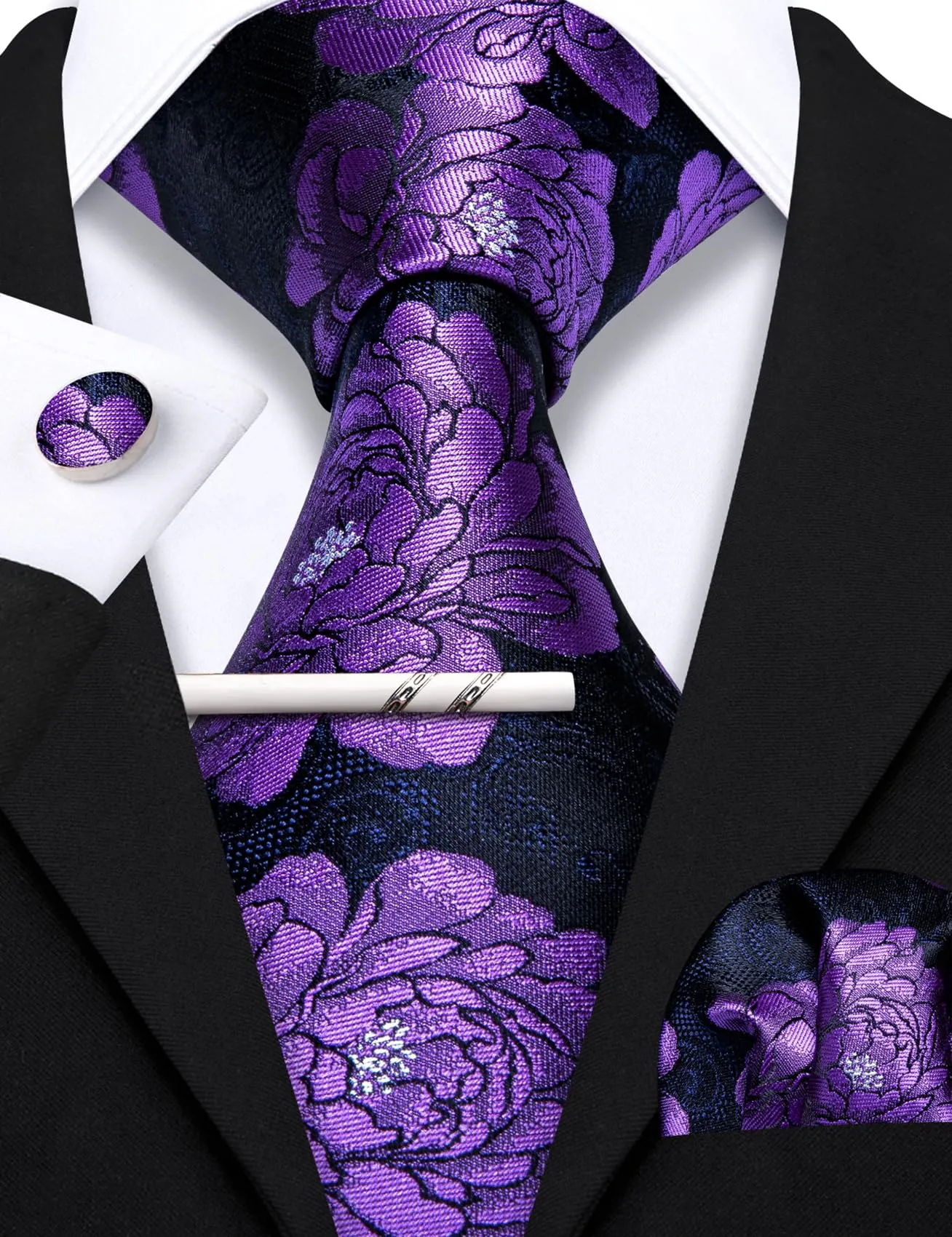 Barry.Wang Set da uomo 4 pezzi con cravatta in seta, fazzoletto da tasca, fermacravatta e gemelli, motivo floreale, Nero Viola Fiore nero - immagine 6