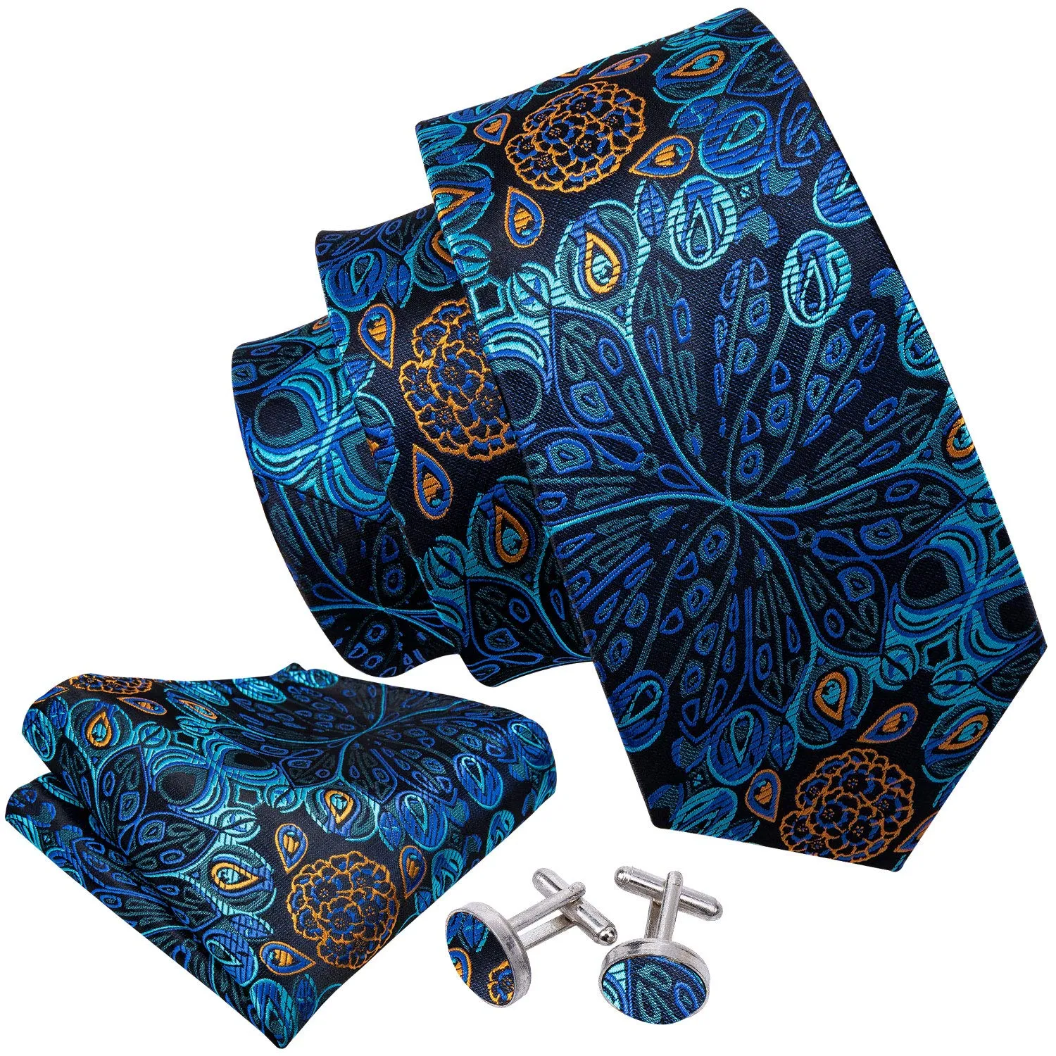 Barry.Wang Set da uomo 4 pezzi con cravatta in seta, fazzoletto da tasca, fermacravatta e gemelli, motivo floreale blu scuro - immagine 2