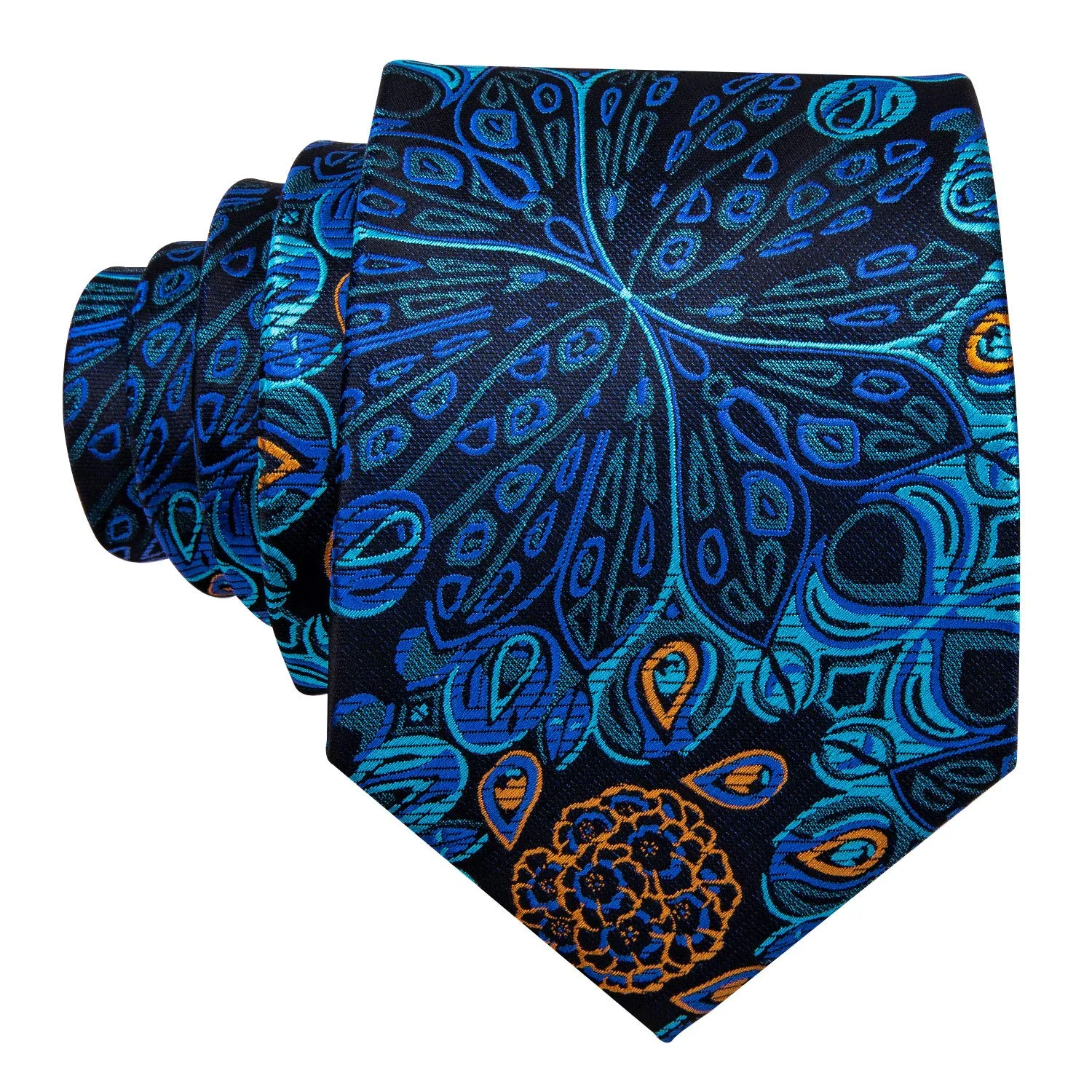 Barry.Wang Set da uomo 4 pezzi con cravatta in seta, fazzoletto da tasca, fermacravatta e gemelli, motivo floreale blu scuro - immagine 3