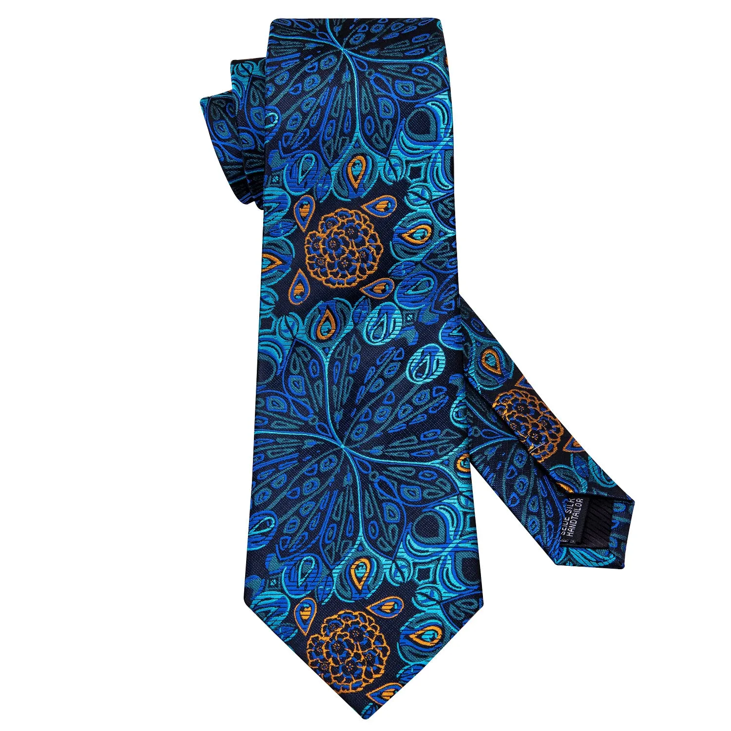 Barry.Wang Set da uomo 4 pezzi con cravatta in seta, fazzoletto da tasca, fermacravatta e gemelli, motivo floreale blu scuro - immagine 4