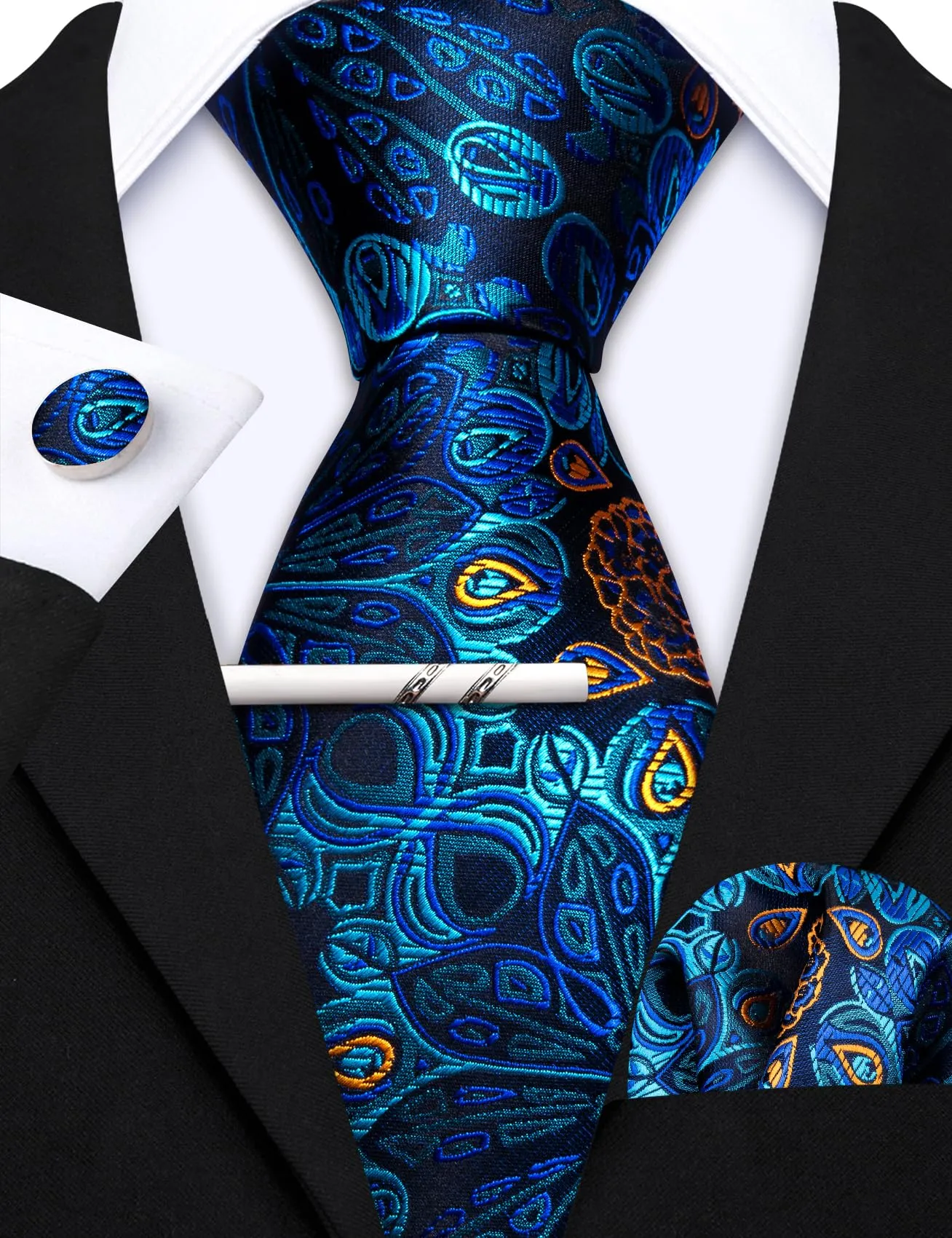 Barry.Wang Set da uomo 4 pezzi con cravatta in seta, fazzoletto da tasca, fermacravatta e gemelli, motivo floreale blu scuro - immagine 6
