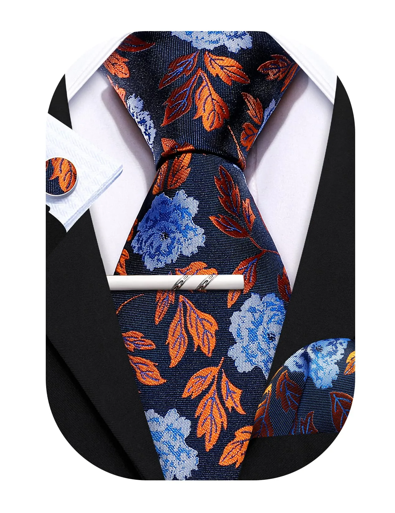 Barry.Wang Set da uomo 4 pezzi con cravatta in seta, fazzoletto da tasca, fermacravatta e gemelli, motivo floreale, nero, blu, oro - immagine 1