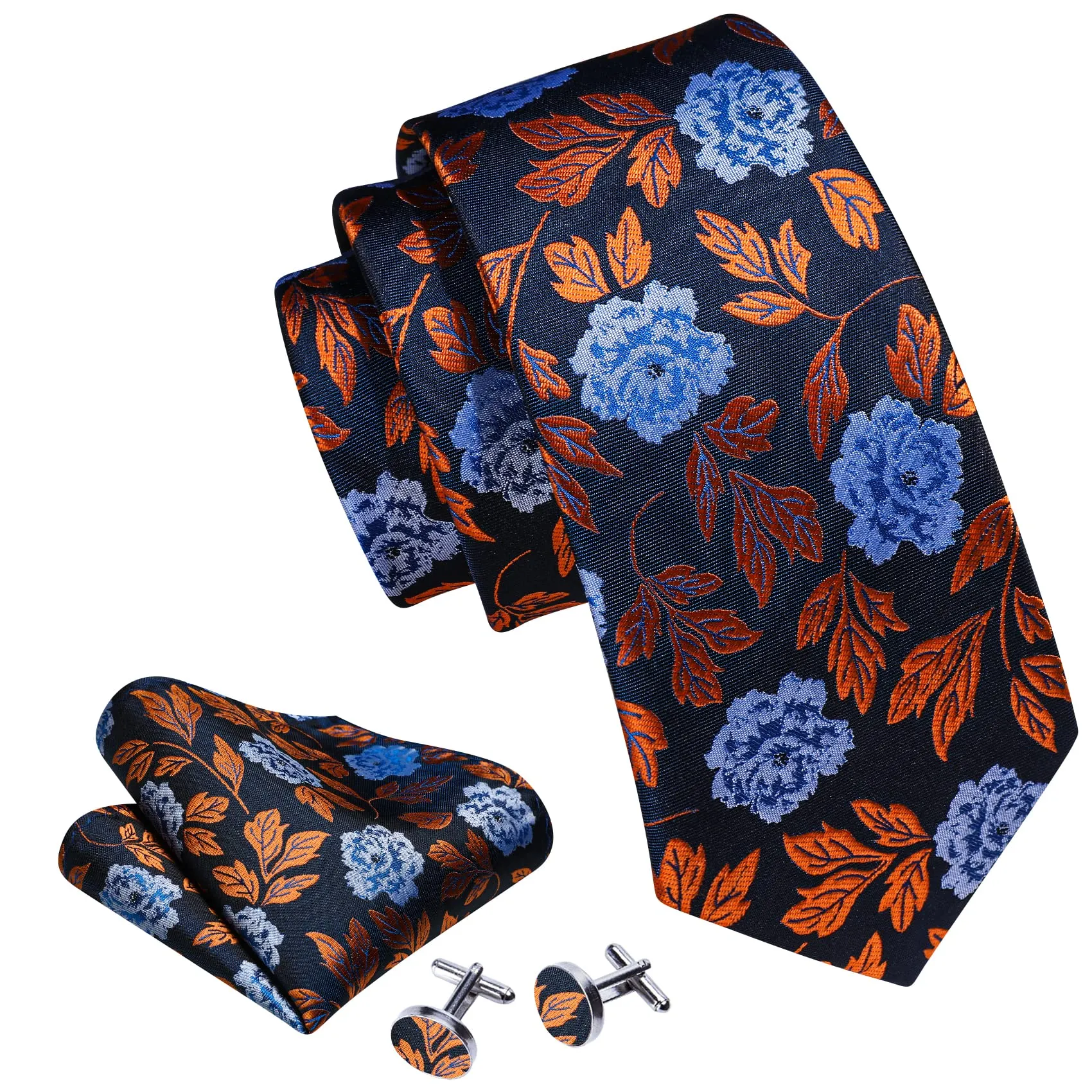 Barry.Wang Set da uomo 4 pezzi con cravatta in seta, fazzoletto da tasca, fermacravatta e gemelli, motivo floreale, nero, blu, oro - immagine 2