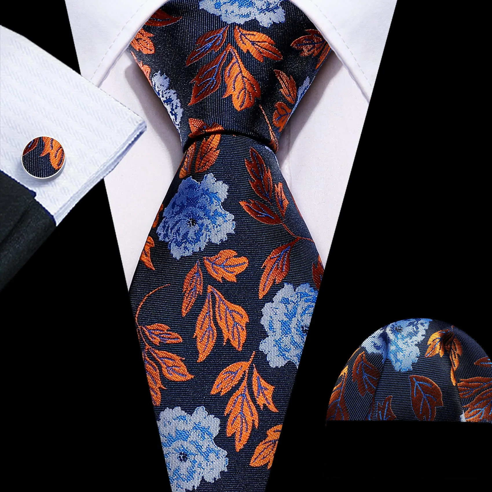 Barry.Wang Set da uomo 4 pezzi con cravatta in seta, fazzoletto da tasca, fermacravatta e gemelli, motivo floreale, nero, blu, oro - immagine 3