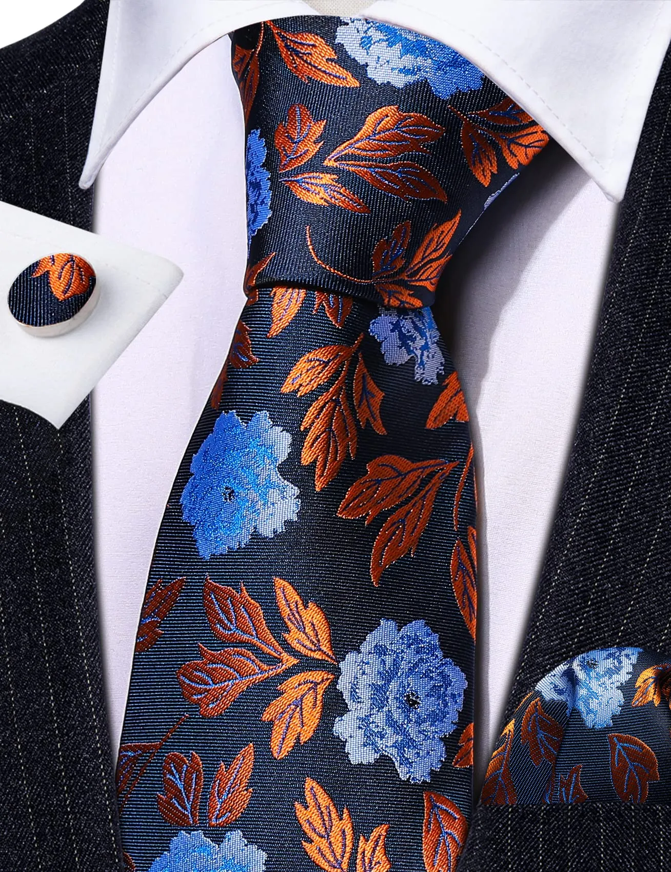 Barry.Wang Set da uomo 4 pezzi con cravatta in seta, fazzoletto da tasca, fermacravatta e gemelli, motivo floreale, nero, blu, oro - immagine 4