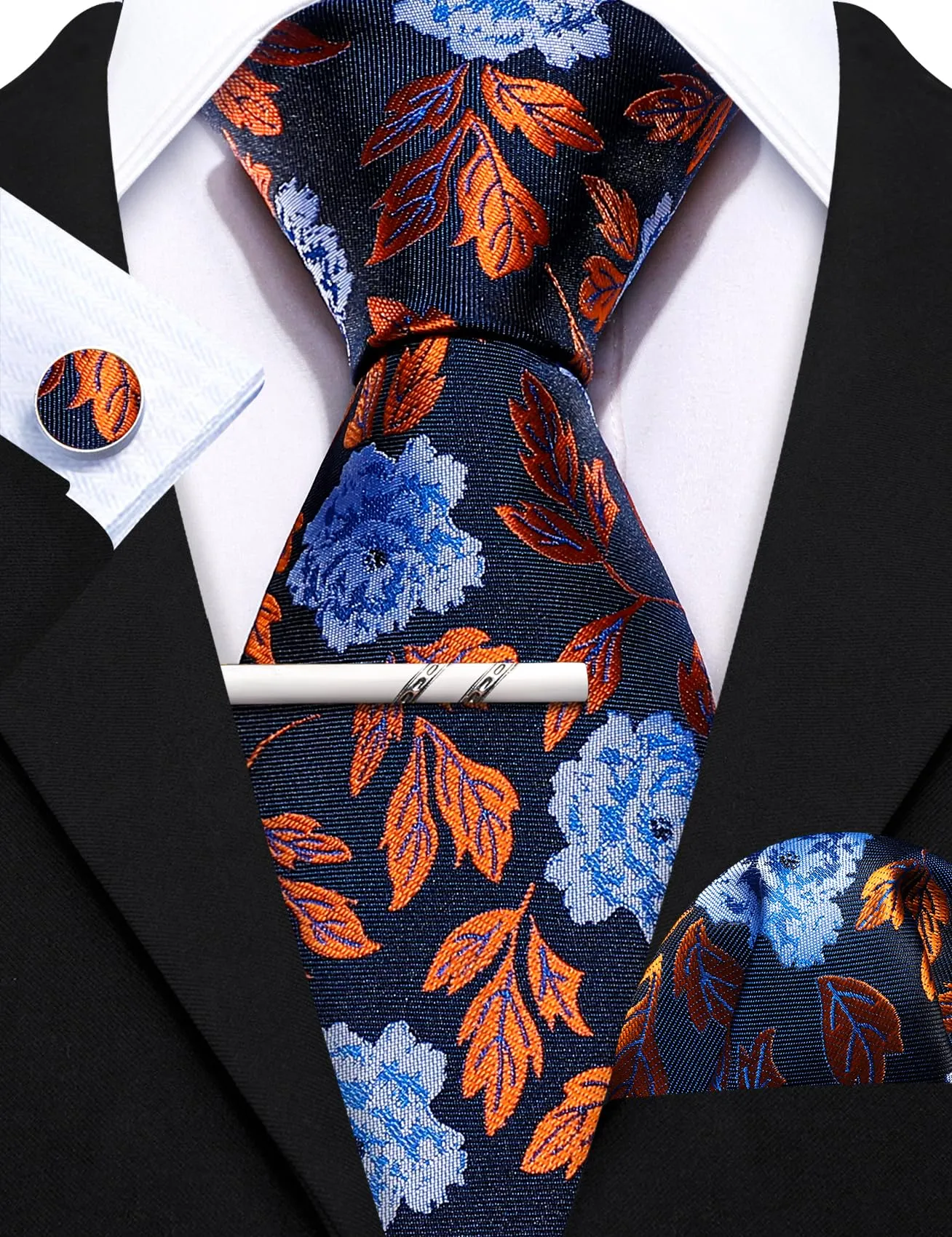 Barry.Wang Set da uomo 4 pezzi con cravatta in seta, fazzoletto da tasca, fermacravatta e gemelli, motivo floreale, nero, blu, oro - immagine 5