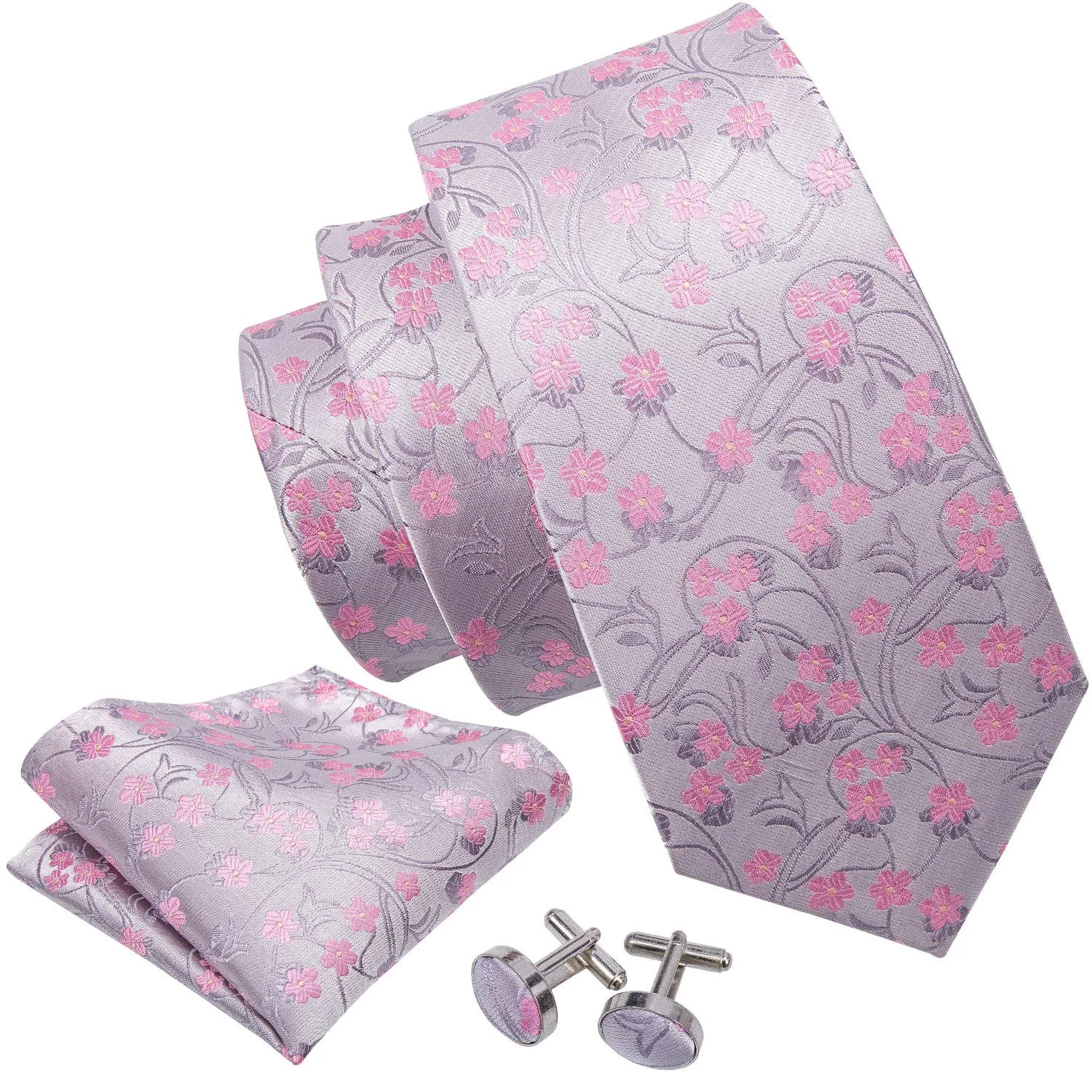 Barry.Wang Set Cravatta in Seta con Fazzoletto da Taschino, Gemelli e Fermacravatta - Fiori Rosa - immagine 2