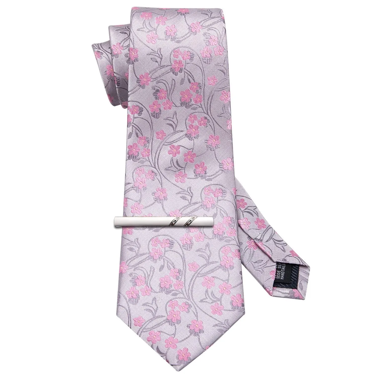 Barry.Wang Set Cravatta in Seta con Fazzoletto da Taschino, Gemelli e Fermacravatta - Fiori Rosa - immagine 3