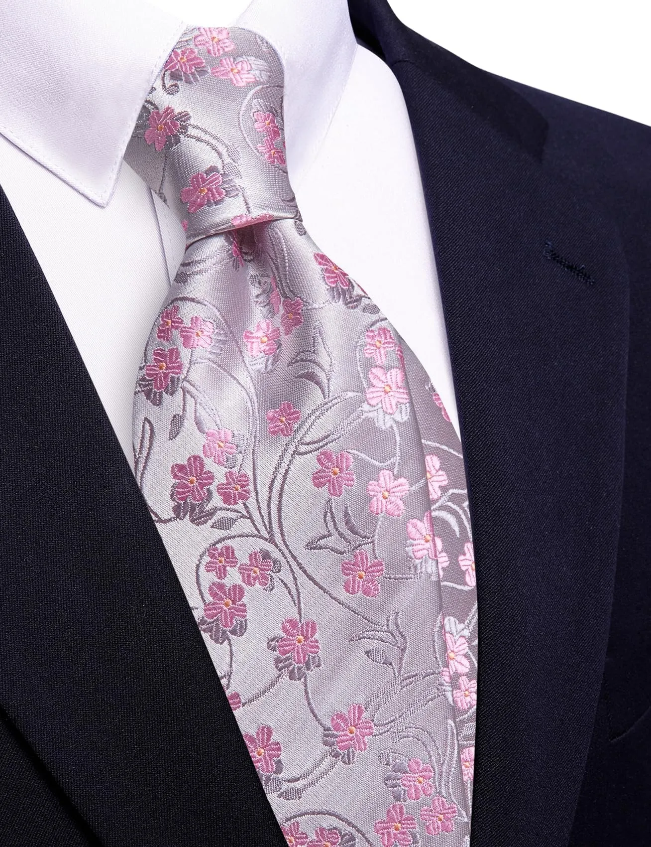Barry.Wang Set Cravatta in Seta con Fazzoletto da Taschino, Gemelli e Fermacravatta - Fiori Rosa - immagine 4