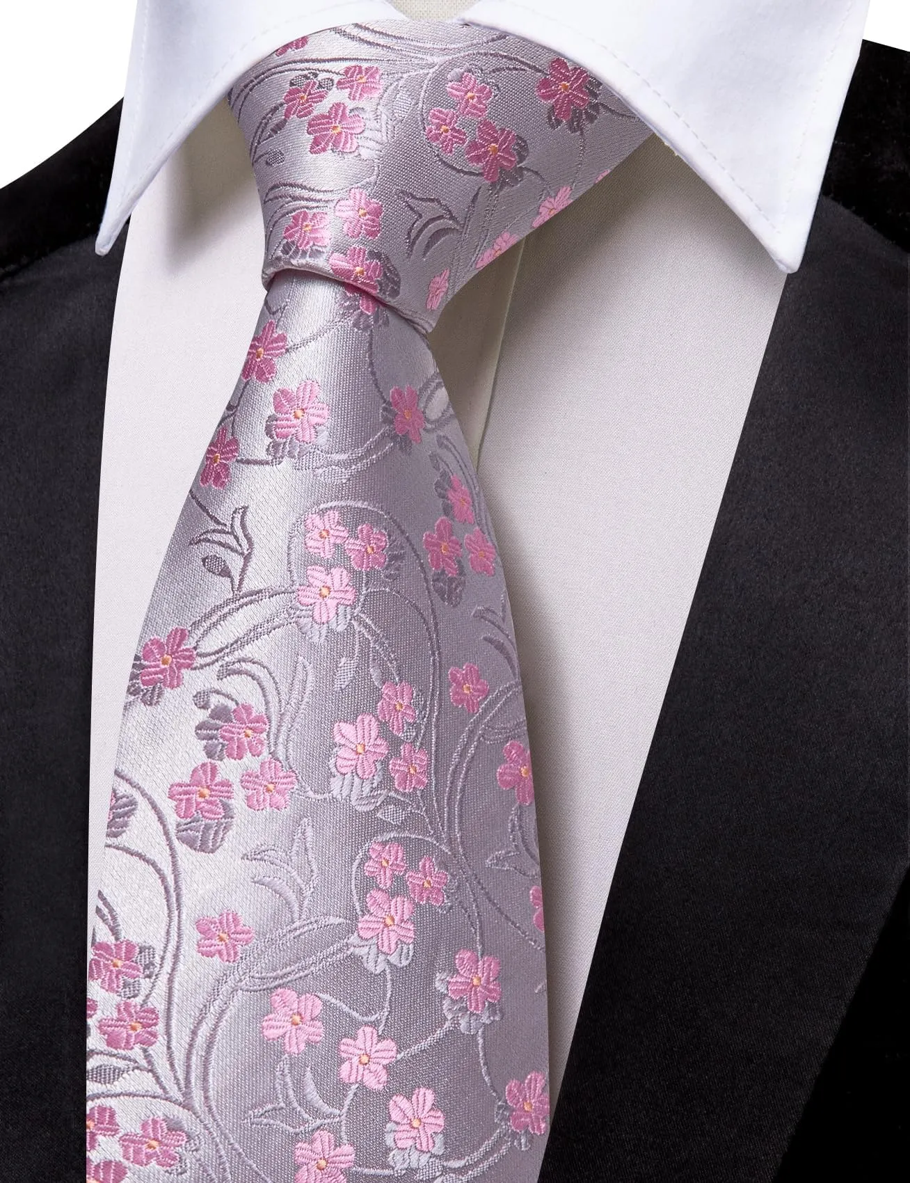 Barry.Wang Set Cravatta in Seta con Fazzoletto da Taschino, Gemelli e Fermacravatta - Fiori Rosa - immagine 5