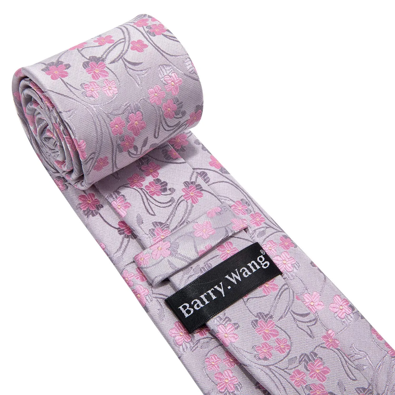 Barry.Wang Set Cravatta in Seta con Fazzoletto da Taschino, Gemelli e Fermacravatta - Fiori Rosa - immagine 6