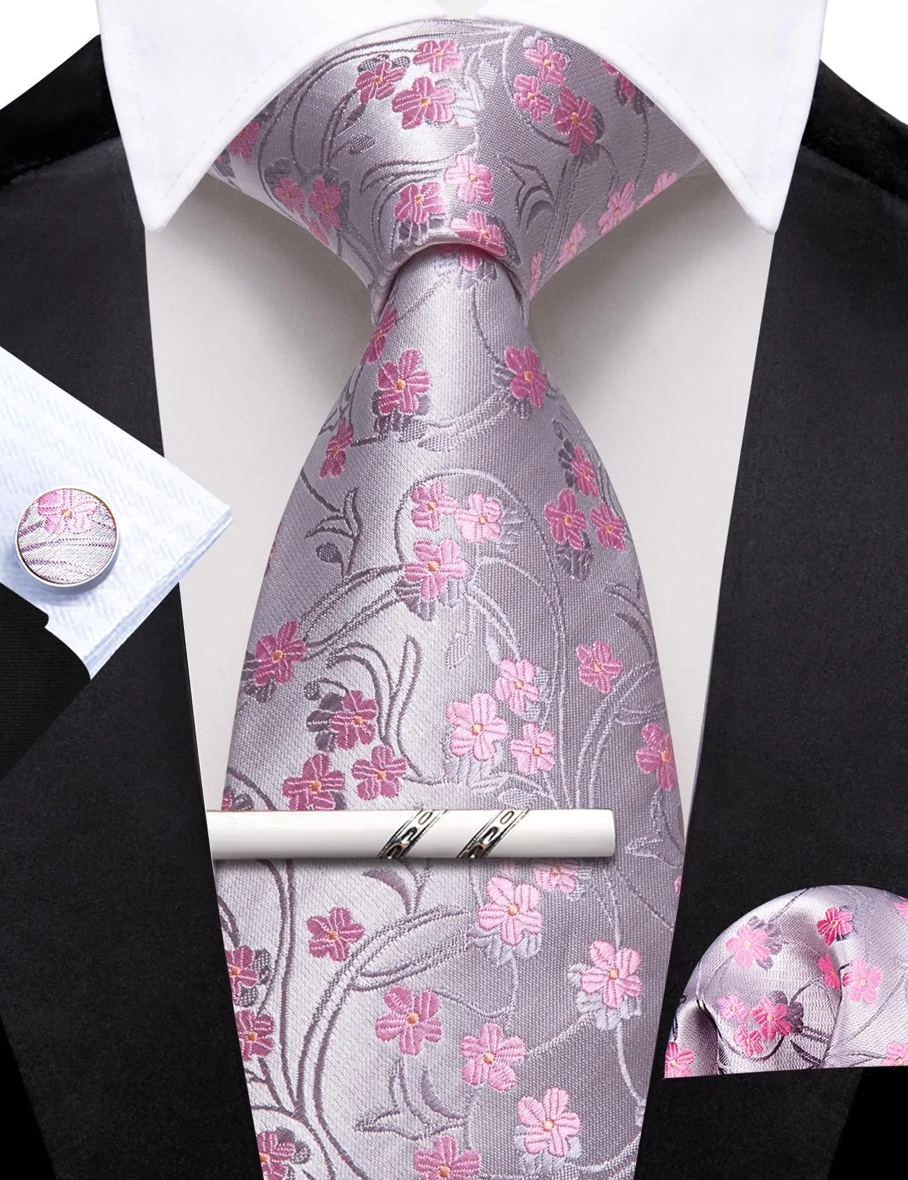 Barry.Wang Set Cravatta in Seta con Fazzoletto da Taschino, Gemelli e Fermacravatta - Fiori Rosa - immagine 7