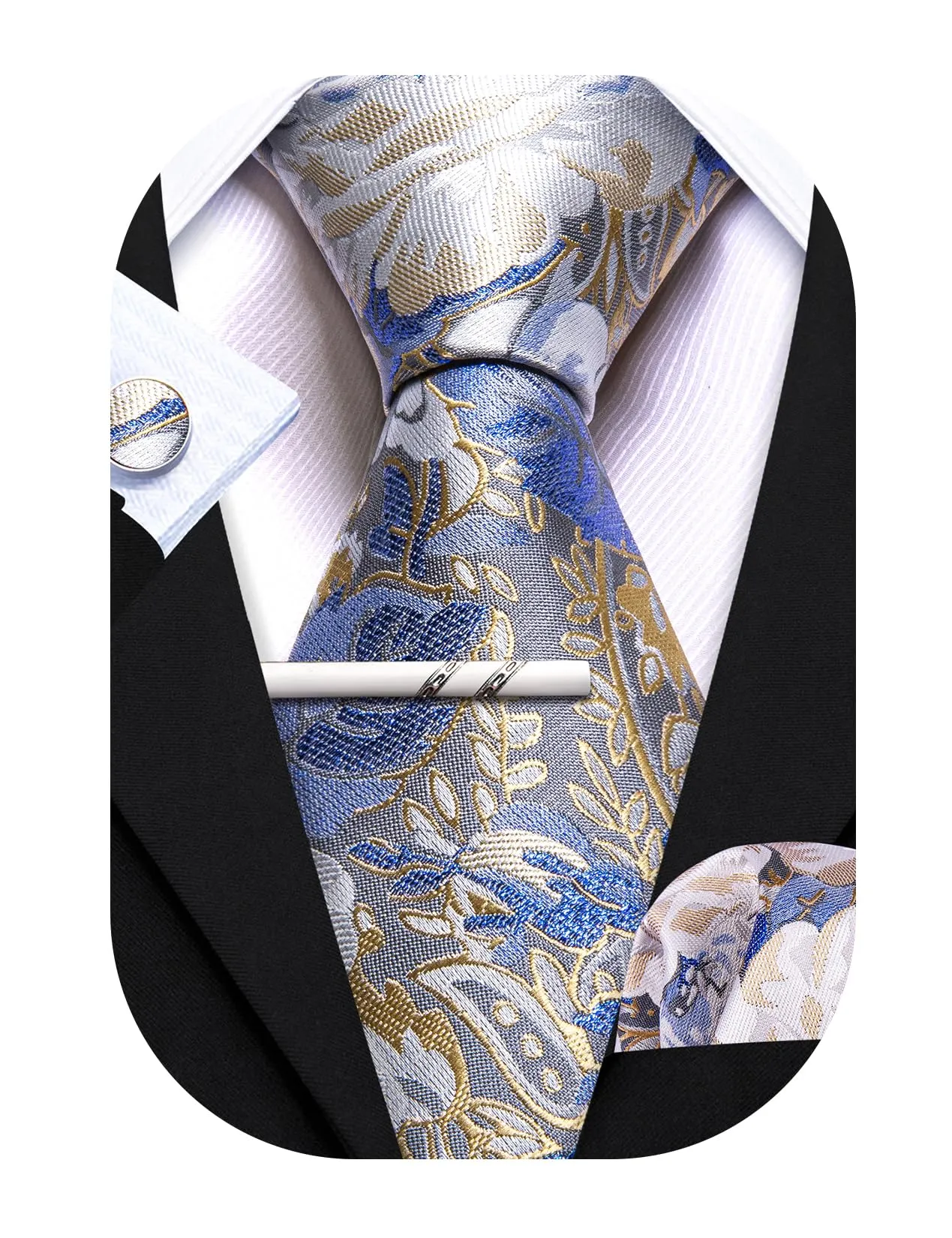 Barry.Wang Set Cravatta in Seta con Motivo Floreale, Fazzoletto da Taschino, Gemelli e Fermacravatta, 4 Pezzi, Fiore Bianco Blu, Taglia Unica - immagine 1