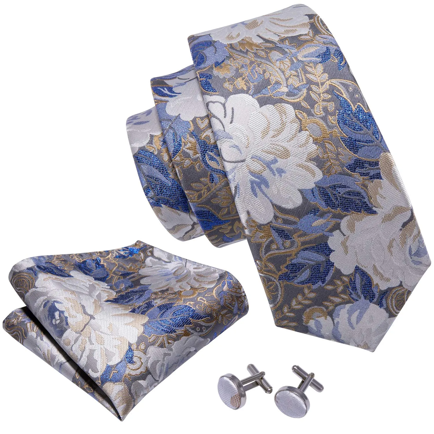 Barry.Wang Set Cravatta in Seta con Motivo Floreale, Fazzoletto da Taschino, Gemelli e Fermacravatta, 4 Pezzi, Fiore Bianco Blu, Taglia Unica - immagine 2