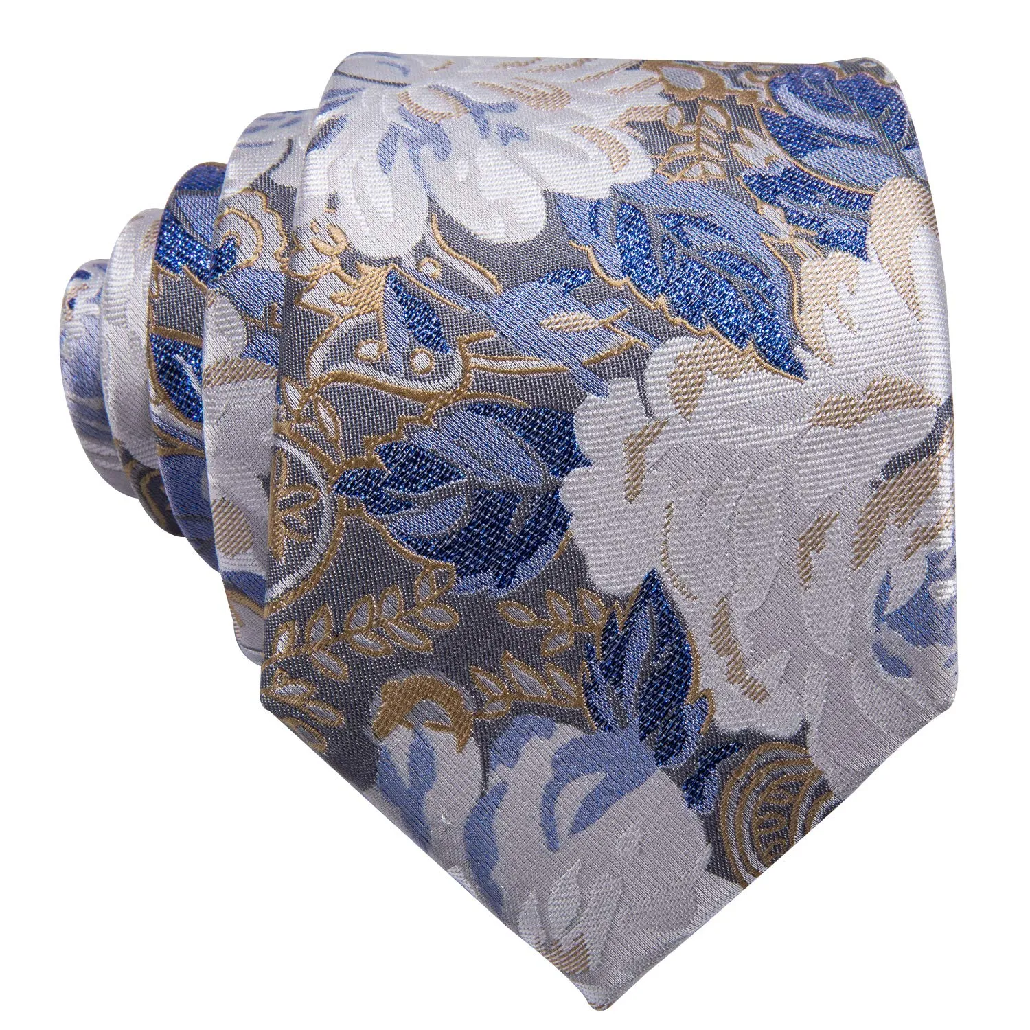 Barry.Wang Set Cravatta in Seta con Motivo Floreale, Fazzoletto da Taschino, Gemelli e Fermacravatta, 4 Pezzi, Fiore Bianco Blu, Taglia Unica - immagine 3