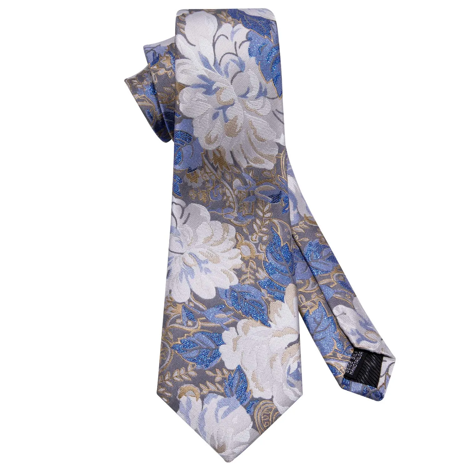 Barry.Wang Set Cravatta in Seta con Motivo Floreale, Fazzoletto da Taschino, Gemelli e Fermacravatta, 4 Pezzi, Fiore Bianco Blu, Taglia Unica - immagine 4