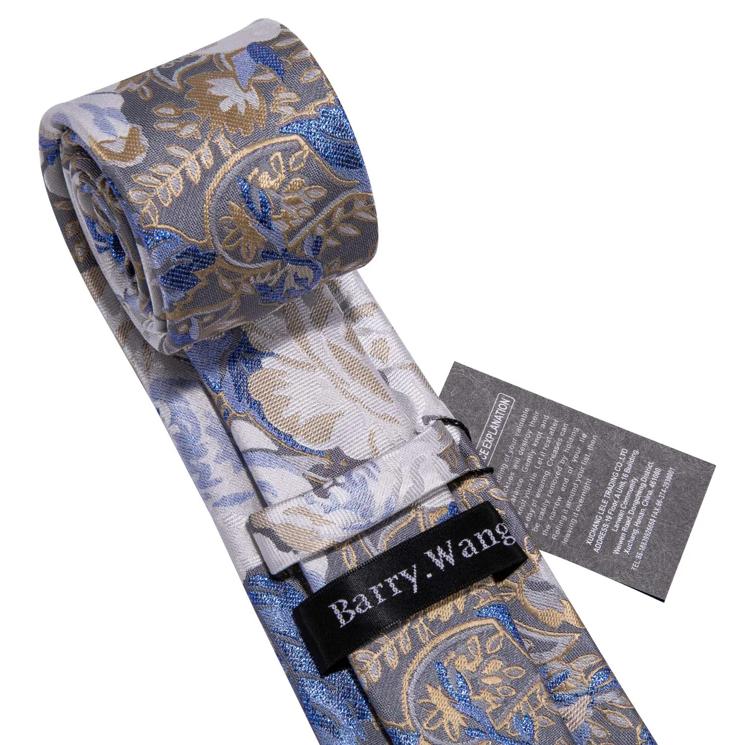 Barry.Wang Set Cravatta in Seta con Motivo Floreale, Fazzoletto da Taschino, Gemelli e Fermacravatta, 4 Pezzi, Fiore Bianco Blu, Taglia Unica - immagine 5