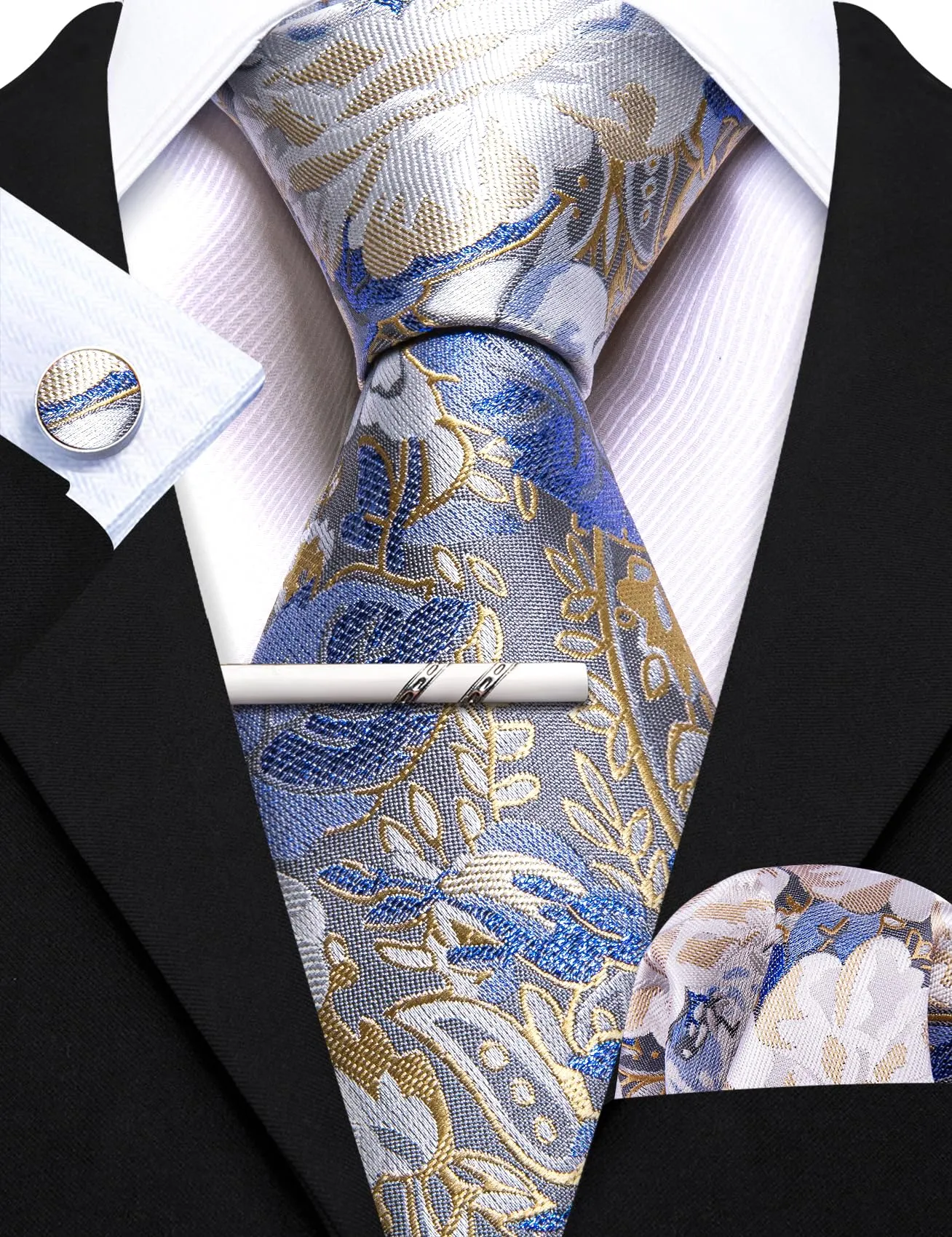 Barry.Wang Set Cravatta in Seta con Motivo Floreale, Fazzoletto da Taschino, Gemelli e Fermacravatta, 4 Pezzi, Fiore Bianco Blu, Taglia Unica - immagine 6