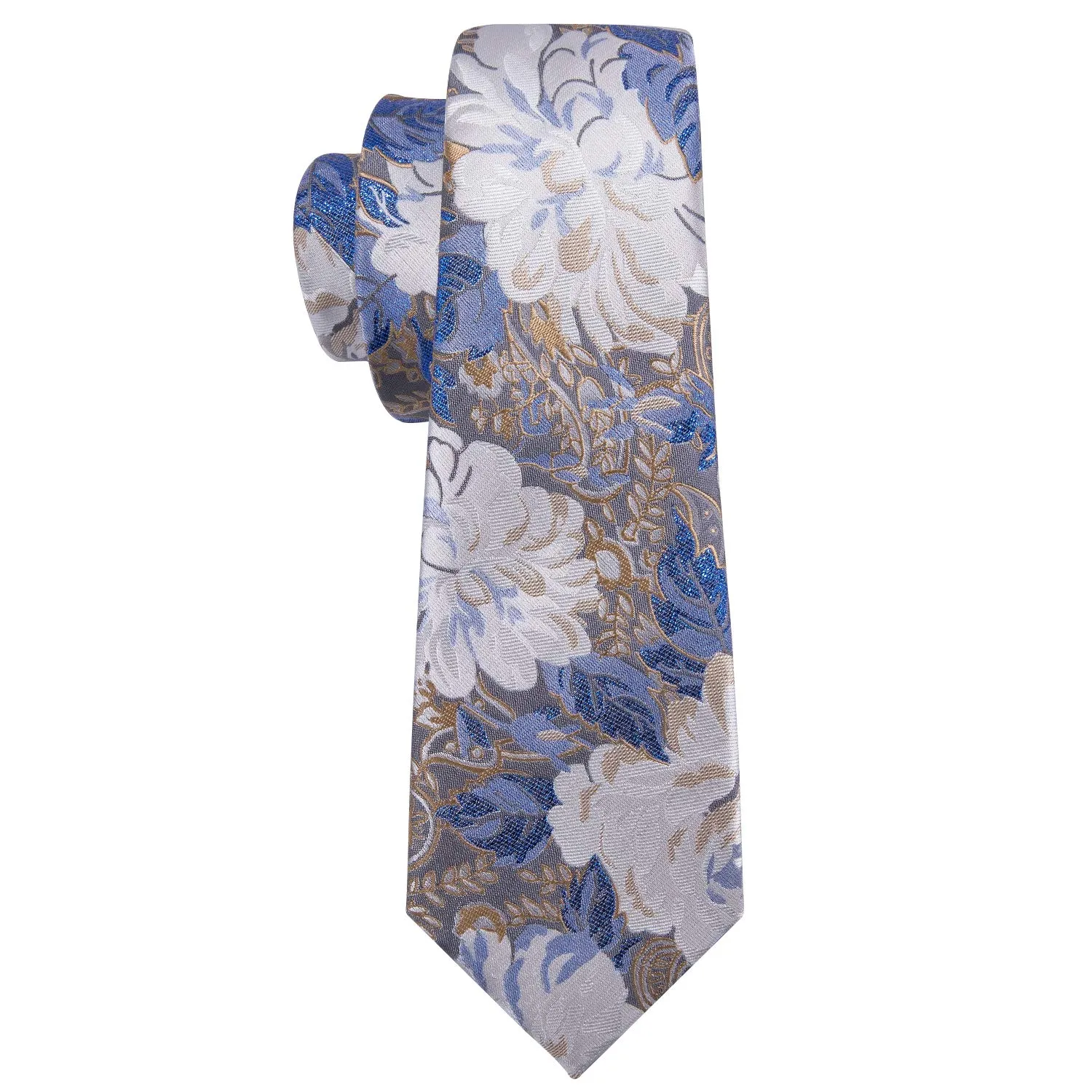 Barry.Wang Set Cravatta in Seta con Motivo Floreale, Fazzoletto da Taschino, Gemelli e Fermacravatta, 4 Pezzi, Fiore Bianco Blu, Taglia Unica - immagine 7